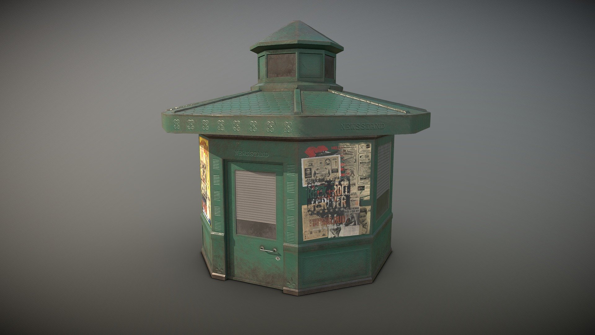 The old European newsstand kiosk
Low poly.
Polygons: 37
Verts: 2.3k
Textures size 4096x4096

Materials: 1 

Including maps:
Base Color
Roughness
Metalness
Normal

Created in Blender
The texture was created in Substance 3D Painter - Newsstand/Advertising Kiosk - Download Free 3D model by exiS7-Gs 3d model
