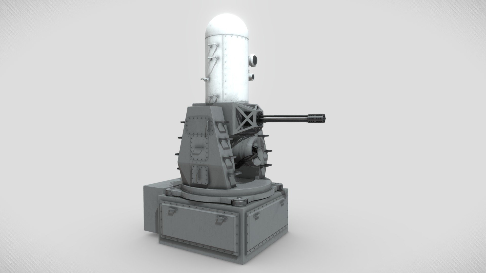 The Phalanx is a close in weapon system used by various navies around the world as defence against anti-ship missiles.

This 3D model was created using 3ds Max, with textures designed in Substance Painter. The model has been meticulously unwrapped and divided into separate parts, enabling the base and turret to rotate seamlessly. If necessary, I am also capable of exporting the textures in various formats suitable for Unity, Unreal Engine, or V-Ray integration 3d model