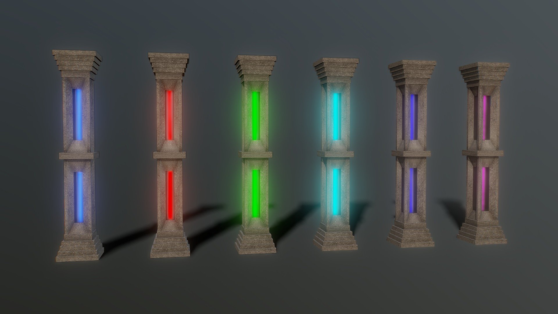 A Pack of Six Different Stone Sci-Fi Pillars with Colored Lights inside 3d model