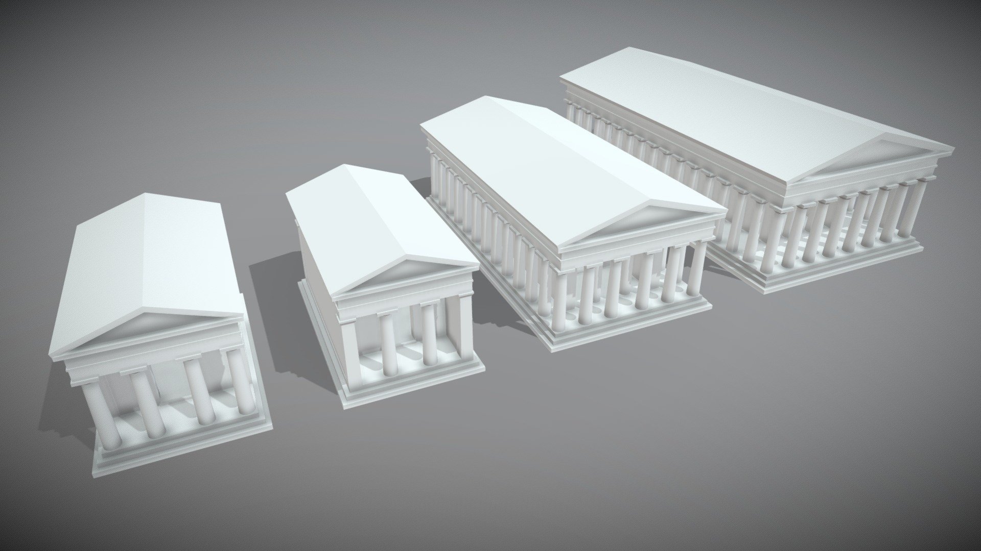Low poly models of 4 ancient Greek temple types of the doric architectural order:
Prostyle, amphiprostype, peripteral and pseudodipteral temples.
Low poly models with no textures, ideal for presentations of architectural and educational content 3d model