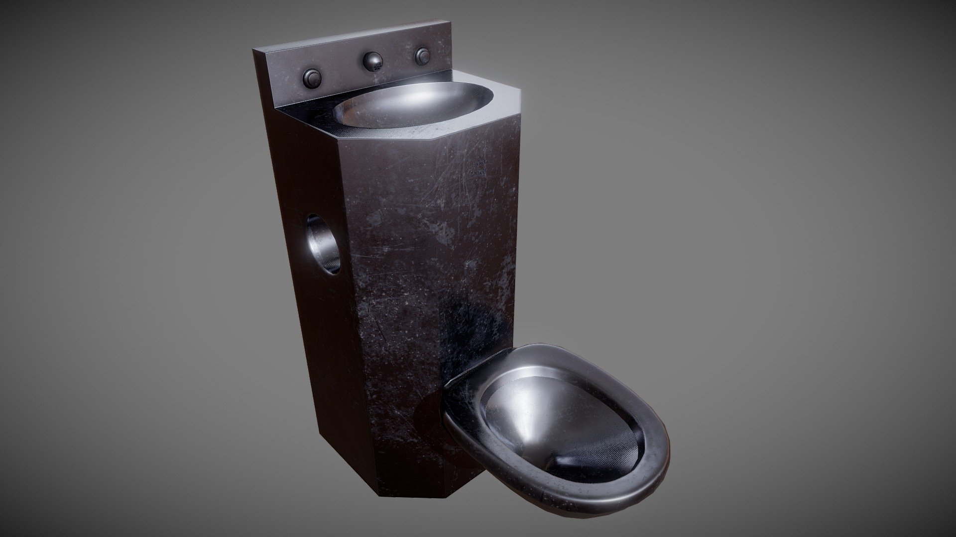 Game asset made in Blender.

PBR Low Poly model of toilet used in prisons. Made with real world scale 43.8 x 38.5 x 98.9 cm

Textures are in 2K resolution with pixel density of 12.19 px/cm.

Texture pack contains:


Base color
Height map
Normal map
Metallic
Roughness map

1762 vertices, 3323 triangles

Notes:

There is no bottom face.
Origin is at the floor level 3d model