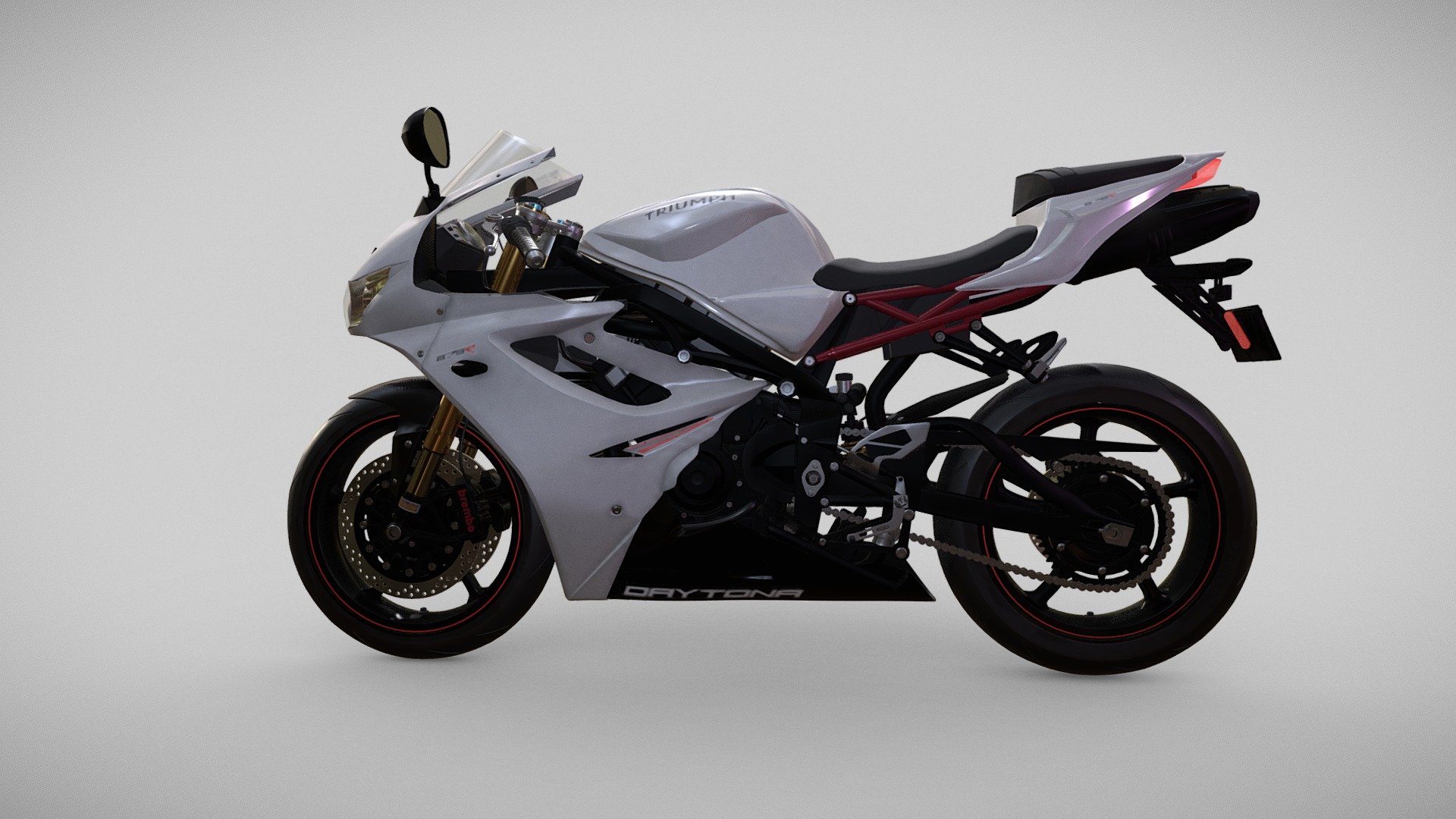 Triumph Daytona 675 
made by images from the internet not 100% copy

The attached archive Contains Maya 2018 scene file. FBX file. Textures (logos etc) Standart shaders. Model separated for rigging 3d model
