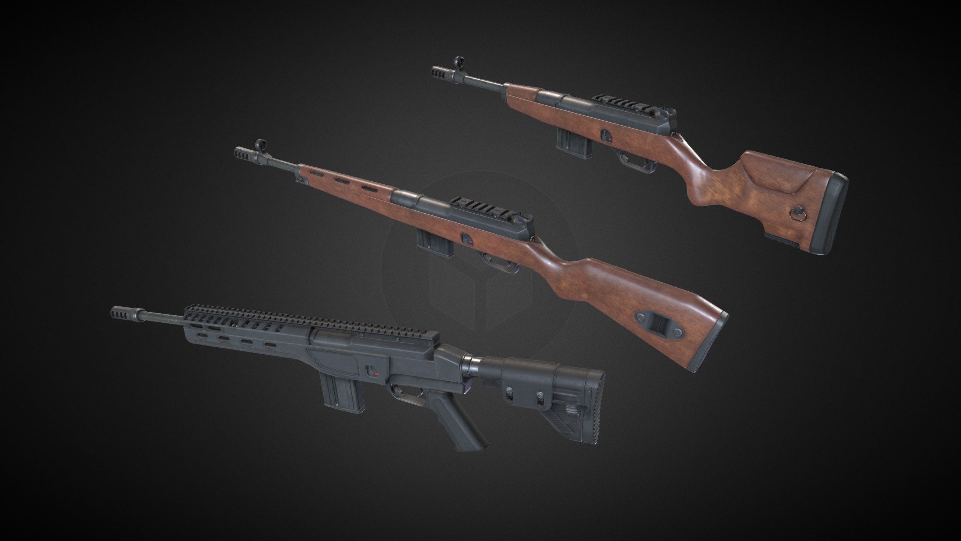 Classic looking hunting rifle from 80' chambered in 7.62×51mm with two additional body models, fancy short and tacti-cool aluminium.  

All three versions are rigged, but there are also files with all parts separated.

Rifle have 3 Main PBR Materials in 4K, plus separate 4K for aluminum and short variants, plus separate for stock/muzzle. Default Wood/black and FDE/carbon-fiber colors are included.

Verts: 14.6K (standard model)

Tris: 28.8K (standard model)  

Made in Blender.  

NOTE! In preview model I used jpg textures as original uncompressed ones for all three variants are a bit heavy 3d model