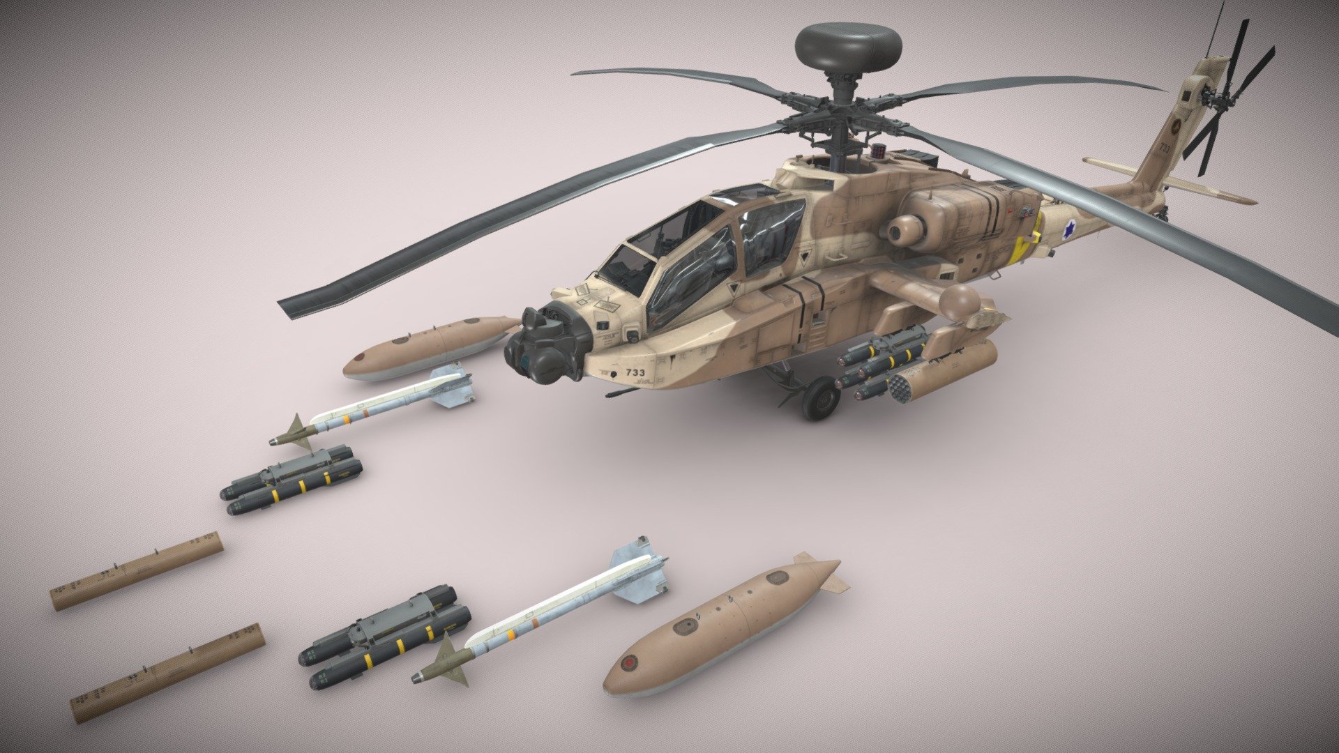 Helicopter Apache AH-64D Israel Air Force Static Static


Basic and Complex Animation versions are available as seperate models (see my profile models)


File formats: 3ds Max 2021, FBX, Unity 2021.3.5f1


Weapon:


* - External Fuel Tank 

* - Launcher M-260 with Hydra 70 missiles 

* - Launcher M-261 with Hydra 70 missiles 

* - Hellfire launcher and missiles 

* - M230 chain gun 


This model contains PNG textures(4096x4096):


-Base Color

-Metallness

-Roughness


-Diffuse

-Glossiness

-Specular


-Emission

-Normal

-Ambient Occlusion
 - Apache AH-64D Israel Air Force Static - Buy Royalty Free 3D model by pukamakara 3d model
