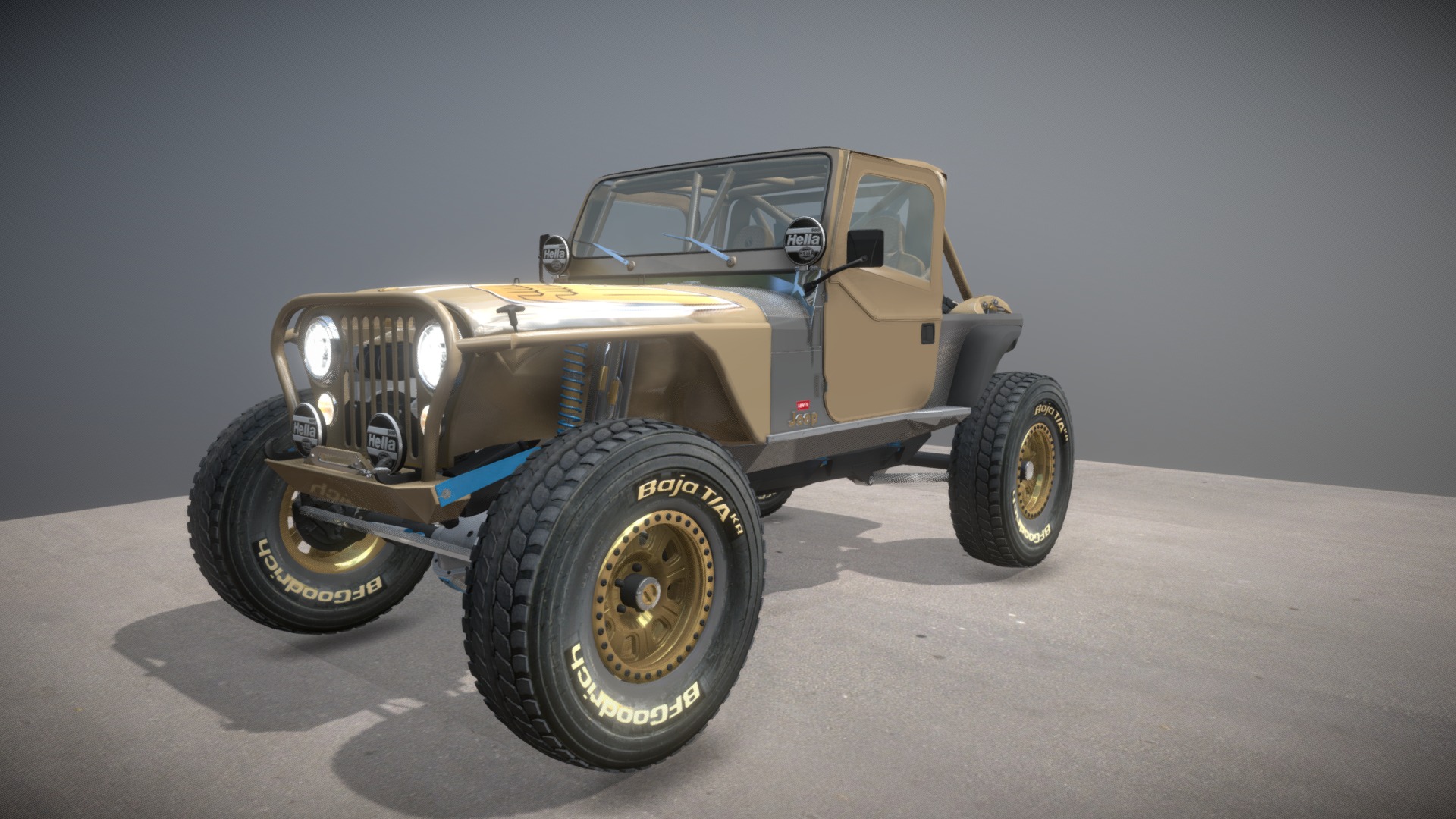 Detailed 3d model of jeep Cj 7 Golden Eagle rock crawler competition, Complete Interior and Exterior detail, Mechanical component, motor, transmission, axles, and brakes.
Realistic Texture and Decal - Jeep CJ-7 Off Road KOH - 3D model by desfi 3d model