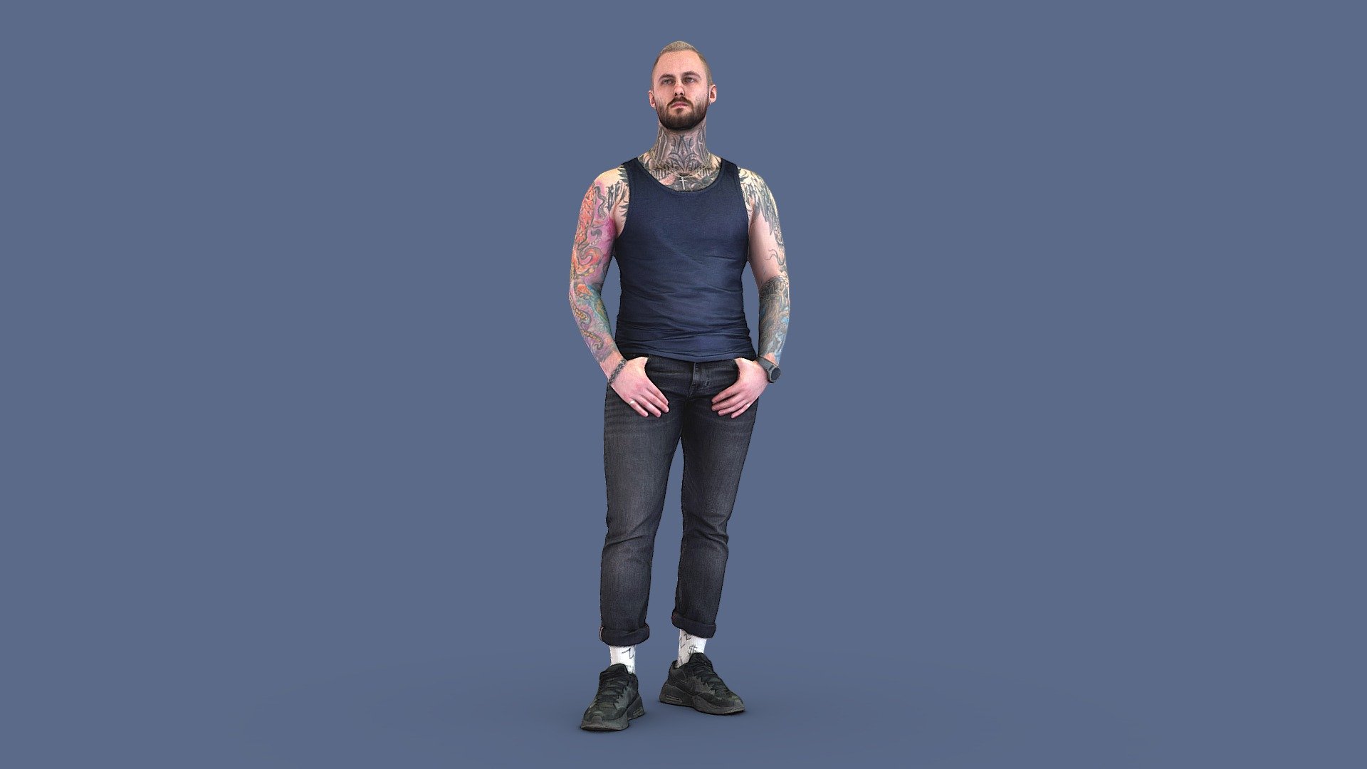 Follow us on instagram ✌🏼

✉️ A young man of heavy build, with dyed blond hair and a beard, in dark jeans, a T-shirt and sneakers, his neck, chest and arms are covered with tattoos, stands in a relaxed position, looks forward, thumbs in his pockets.

🦾 This model will be an excellent mid-range participant. It does not need to be very close and try to see the details, it reveals and demonstrates its texture as much as possible in case of a certain distance from the foreground.

⚙️ Photorealistic Casual Character 3d model ready for Virtual Reality (VR), Augmented Reality (AR), games and other real-time apps. Suitable for the architectural visualization and another graphical projects. 50 000 polygons per model 3d model