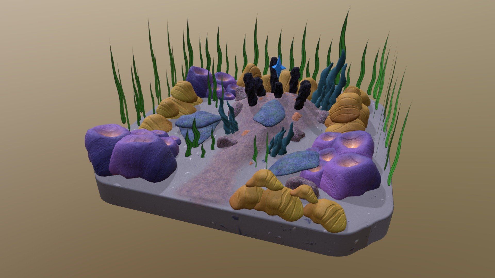 An underwater setting meant to draw attention to the crystal found on the pillar in the center of the room. The setting is surrounded in seaweed, and rocks/coral 3d model