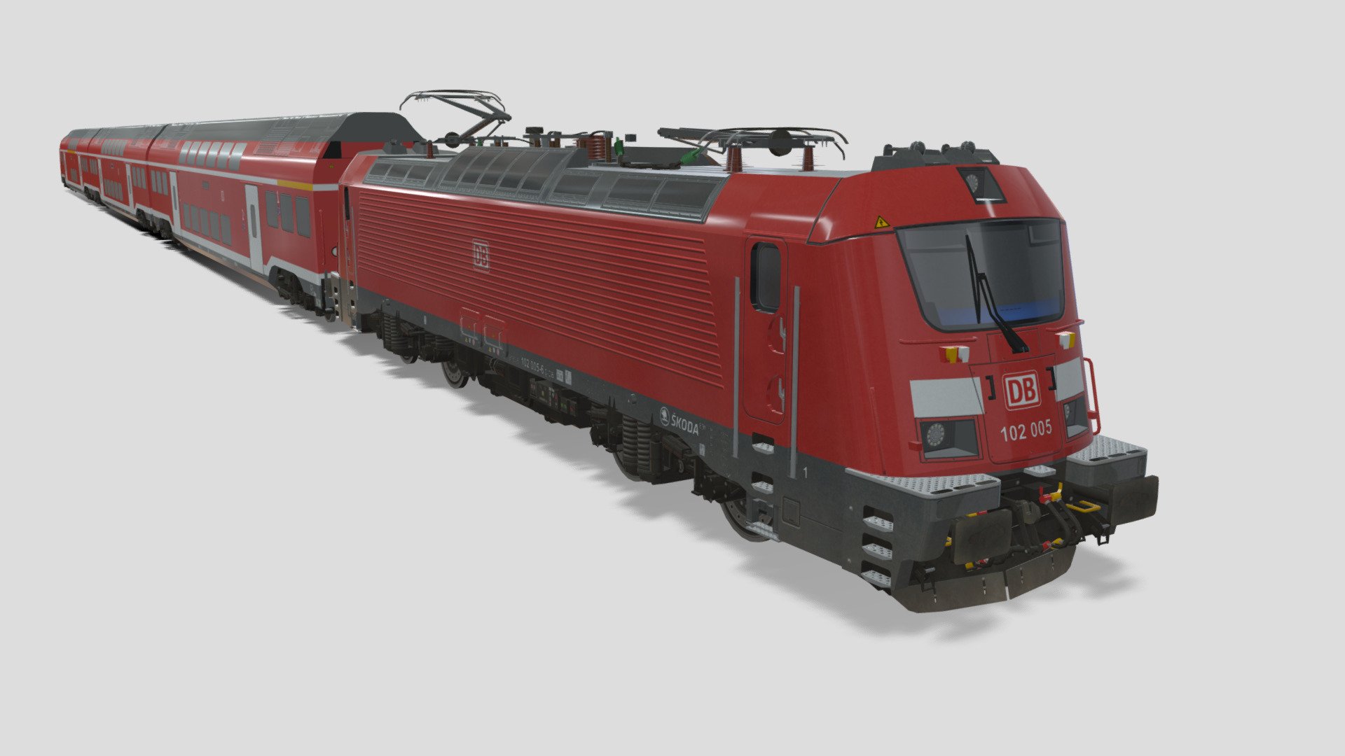 The Skoda Push-Pull Train Set is a double-decker, loco-hauled train set manufactured by Skoda Transportation. It is primarily used in general service in Czechia and in Germany on the München-Nürnberg Express line.

This model was originally made as an asset for the game Cities: Skylines. There are some minor simplifications to the texture and model to keep it optimised for the game.

This model includes a 3-car variant of the Skoda Dosto, although its real-life counterpart is 6-cars and re-uses the middle car.

Available formats: Wavefront OBJ (.obj), Autodesk FBX (.fbx), STL (.stl)

Polygon count: 22,372 Vertex count: 43,546

Model made in Blender 3.5 - Skoda Dosto Push-Pull Train - Buy Royalty Free 3D model by Nostrix 3d model