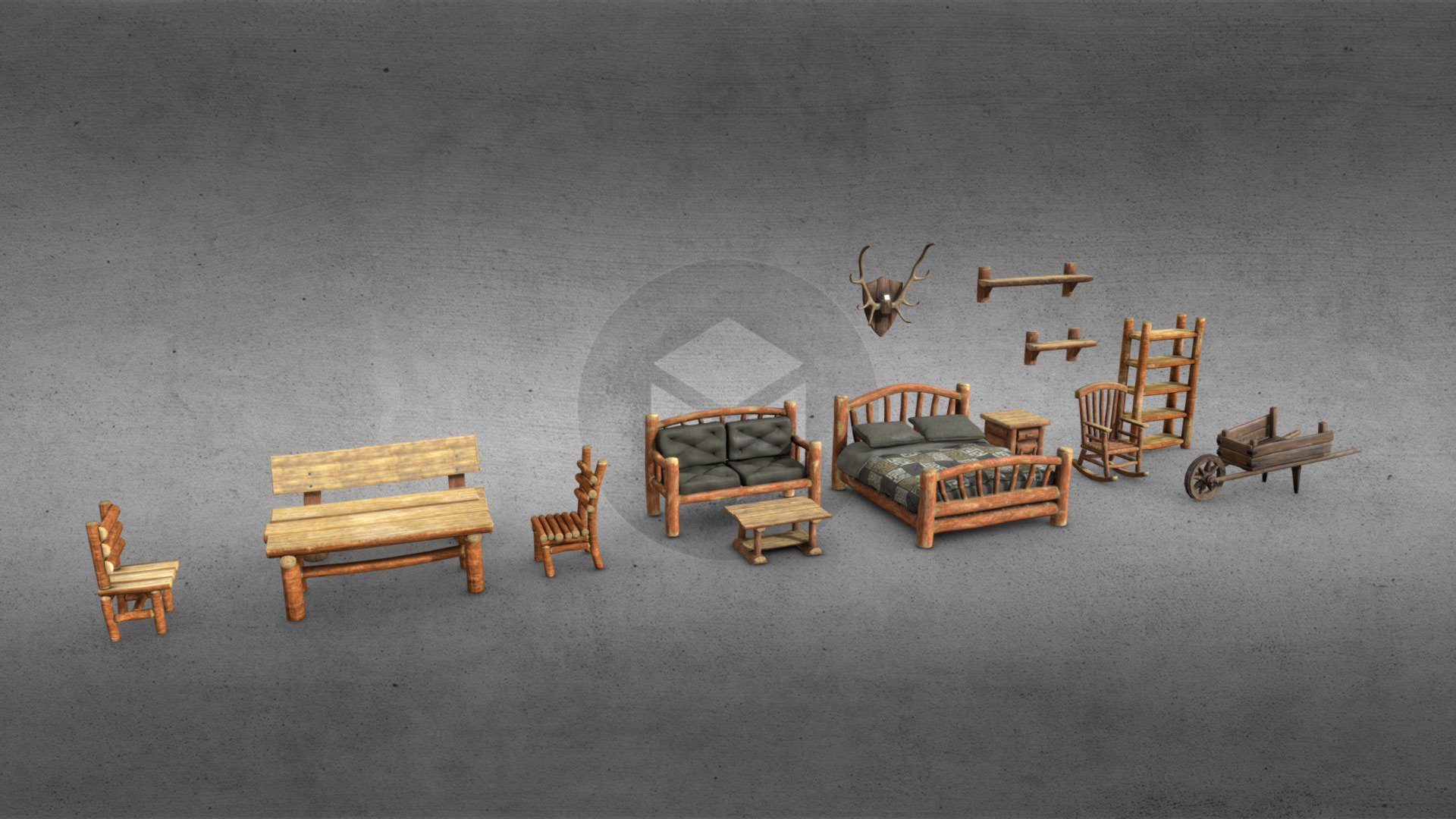 Introducing rustic log furniture set.

Includes:




Couch

Standing Shelves

Bed

Table

Bedside Table

Coffee Table

2 Wall Mounted Shelves

Bench

2 Pillows

2 Chairs

Rocking Chair

For support or other information please send us an e-mail at info@sunbox.games

Check out our other work at sunbox.games - Rustic Log Furniture - Table Couch Bed Chair - Buy Royalty Free 3D model by Sunbox Games (@sunboxgames) 3d model