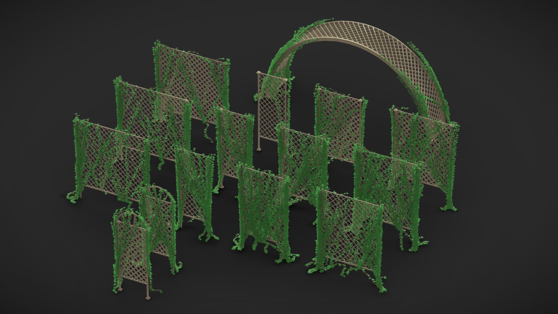 A set of Garden Lattice covered in Ivy.
6' x 2' , 6' x 3' , 6' x 4' , 6' x 5' with three variations. 
6' x 2' curved lattice and a 6' arch lattice.

Could also be used as a fence.

Check out my other Archviz packs on my page 3d model