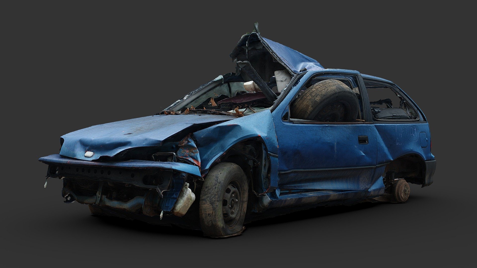 Another destroyed car waiting to be crushed, I scanned these before I went on vacation for a week, but I didn't have time to post them before I left

Processed from 274 photos in reality capture, taken with my Canon EOS Rebel XSI

Gameready/lowpoly version available here: https://sketchfab.com/3d-models/compact-wreck-47dbb4821c0d4e60a724bc1080b6dd99 - Destroyed Car 07 (Raw Scan) - Download Free 3D model by Renafox (@kryik1023) 3d model