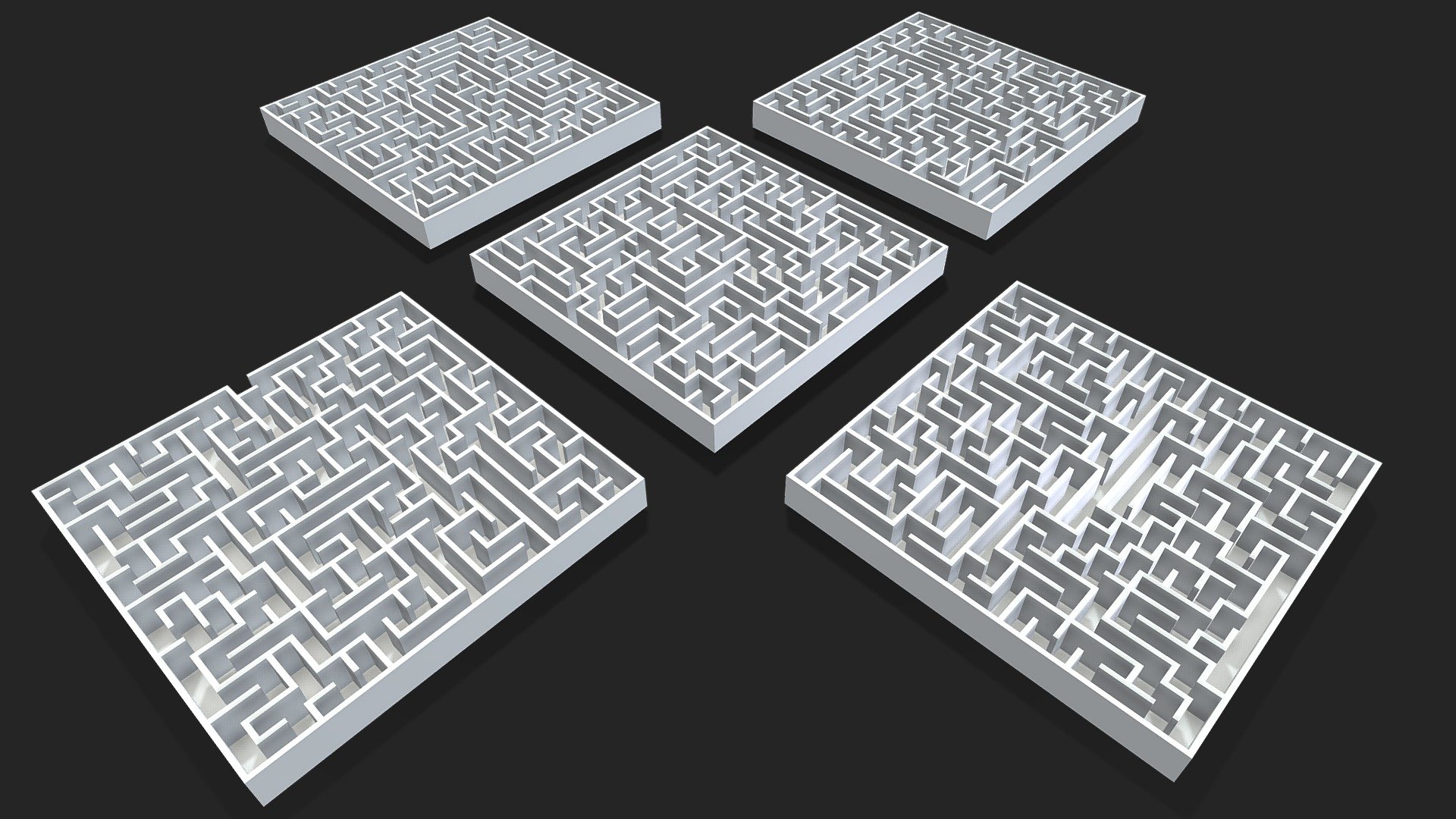 (Available for purchase on CGTrader)

Brief:

A set of 5 different square maze layouts.
Modeled in Rhino &amp; 3ds Max 2021 and rendered with Vray 5.
Each maze consists of 2 objects; the maze itself and its base.
Clean topology and logical dimensions.
Easily customizable.

Dimensions:

Length = 20 meters
Width = 20 meters
Height = 2 meters
Corridor Width = 0.8 meters.

Poly Count:

Total Number of Polygons = 4,345
Total Number of Vertices = 5,000
Each Maze is around 900 Polygons.

Textures:

No textures are included, just a basic shaded material.

Formats:

.MAX
.FBX
.OBJ
.3ds
.STL

Please Note:

No lights/cameras are included in the files.
If you have any requests or inquiries, don't hesitate to contact us and we'll be more than happy to assist you.
Feel free to request any customizations like changing the height, adding/removing entrances &amp; exists, etc.
A lot of effort and time were put into this model so if you're satisfied with the model, leaving a rate/review would be appreciated! - 5 Square Mazes Set 1 - 3D model by S4Vvy 3d model