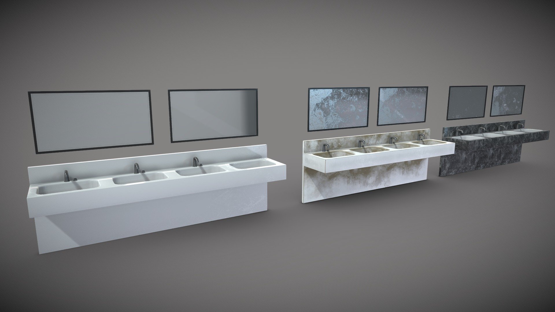 A set of bathroom sinks with mirrors, handy prop to use in any sort of environment. 

Clean, dirty and marble. 

PBR textures @4k - Bathroom sinks - Buy Royalty Free 3D model by Sousinho 3d model