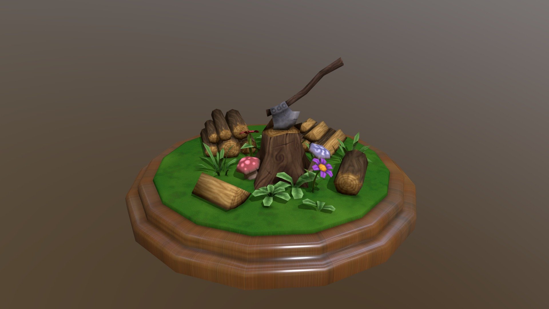 A small logging diorama I have created as part of a bigger, low poly, hand painted forest asset bundle.

Every asset has been painted by hand and every asset has it's own texture.

The low poly count makes the assets ideal for PC or mobile game.

For example:




Stump - verts: 66, tris: 104 - using a 256x256 texture.

Axe - verts: 72, tris: 140 - using a 256x256 texture.

Flower - verts: 80, tris: 57 - using a 64x64 texture.

Log -  verts: 18, tris: 32 - using 128x128 texture.

(The forest asset bundle is using two 2048x2048 texture atlases for 185 assets in total.) - Logging diorama - low poly, hand painted - 3D model by Keyron91 3d model