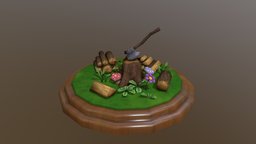 Logging diorama grass, mushroom, flower, log, stump, choppedwood, axe, wood