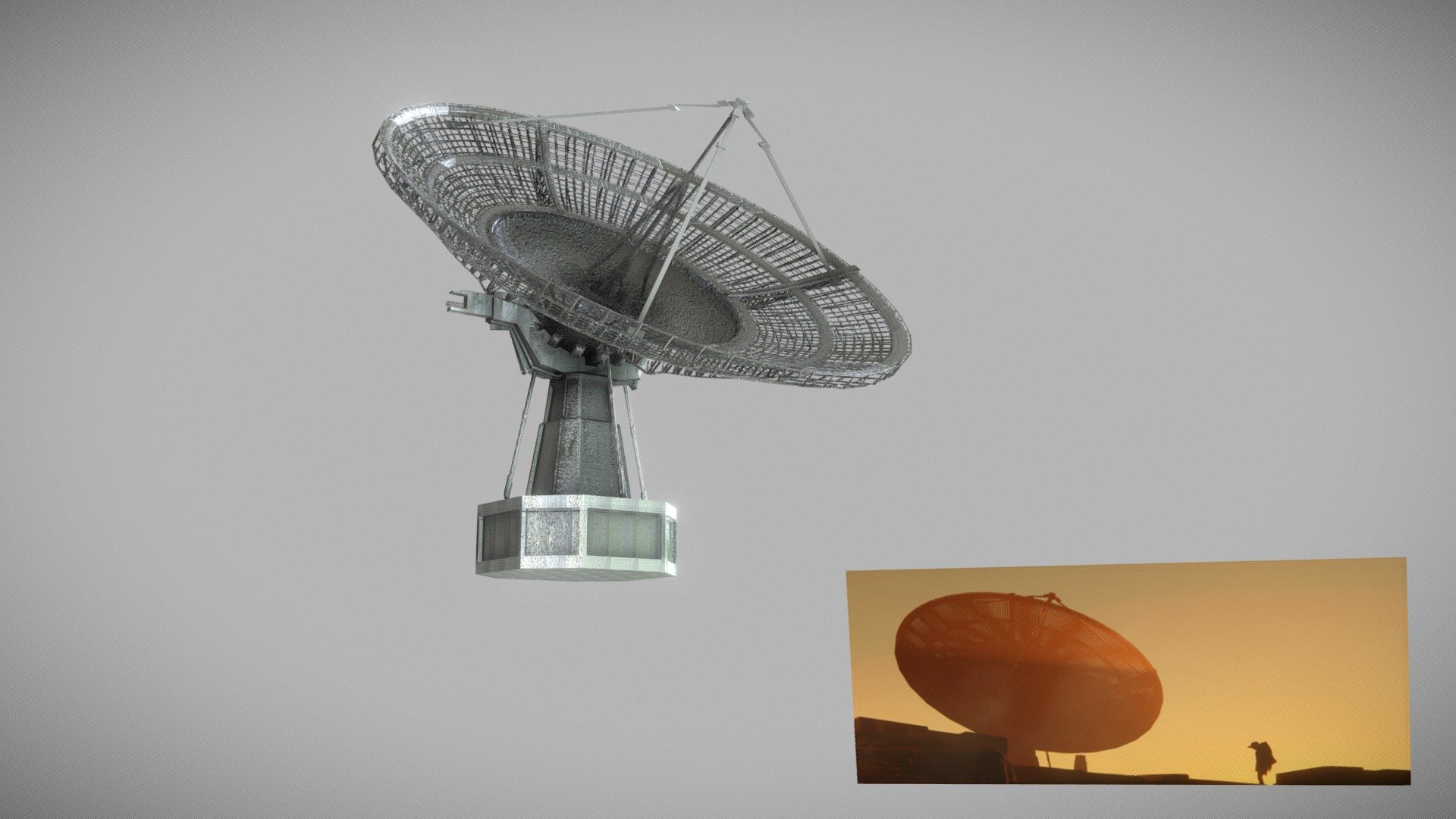 DISCLAIMER:  The only thing included in this file is the satellite dish, the rest of the demo scene in the bottom right is not included. The frame is from a demo render, and is simply a 2D png in the file. 

This asset a satalite dish that is fully textured and is ready to be used in a wide range of programs. This asset is only downloadable in a .Blend file. Despite this, it can be imported to most major softwares, provided modiferes are applied. 

The satalite is made up of speperate parts making it easy to edit. In addition, all objects use the same texutre, also for easy changes. 

Thanks and enjoy - Satellite Dish Asset (.Blend File) - Buy Royalty Free 3D model by FlynnFord 3d model