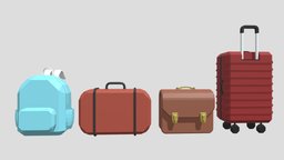 Cartoon Lowpoly Bag Collection trolley, leather, household, case, bag, pilot, sailing, aluminium, airport, travel, handle, original, trunk, suitcase, backpack, box, briefcase, luggage, baggage, rimowa
