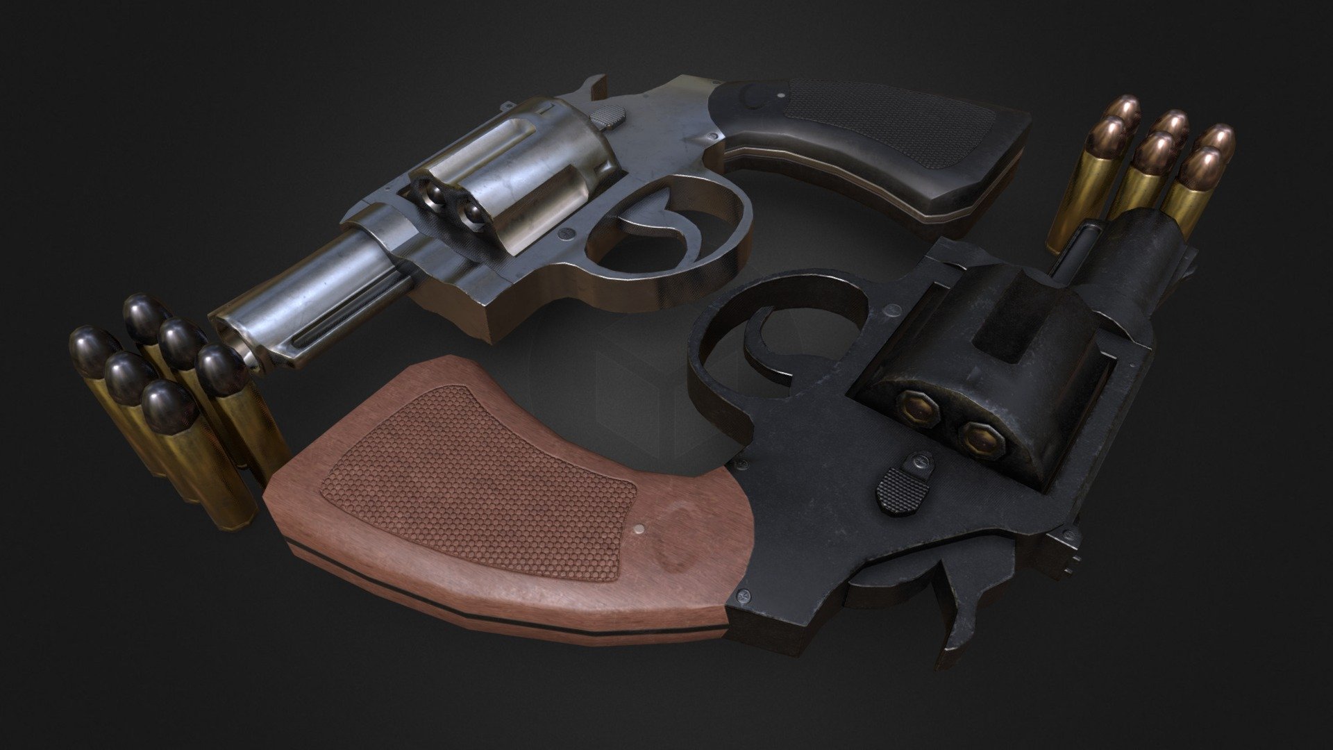 Total Polycounts for the model (Only Gun and one Bullet)
Vertices: 2285
Triangles: 4439

A snubnose revolver is a compact handgun with a shorter barrel length than traditional revolvers, typically ranging from 1.5 to 3 inches. Due to its smaller size, it is popular for concealed carry and self-defense purposes. Snubnose revolvers are also known for their reliability and ease of use, making them a popular choice for beginners. They come in various calibers, including .38 Special and .357 Magnum, and often have a five-round capacity. Despite their small size, snubnose revolvers can pack a powerful punch and have been used by law enforcement and civilians alike for many years 3d model