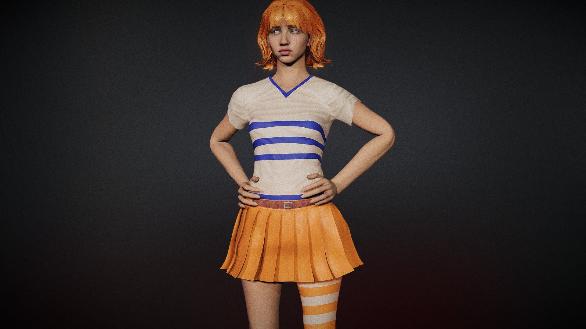 Nami from One-Piece series film female model. mixamo bone names for animations. sss subsurface scattering. body fully rigged.  basic face rig. model in blender file. Basic animation 3d model