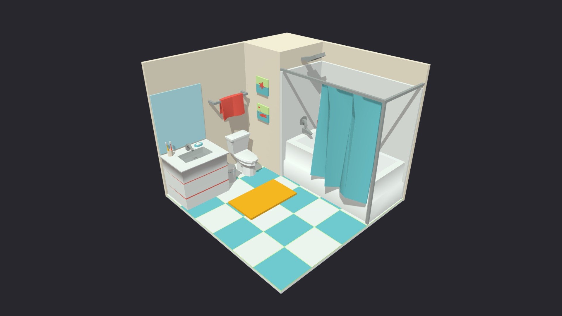 Low poly room is ready to be used for games, rendering and advertising.

This is a bathroom complete with furniture. Measures 5 m x 5 m.

This set includes 19 unique props: bath / toilet / sink / taps / towel / curtain / accessories and more!

Technical details:

The whole room has




Vertex: 1016

Faces: 867

Tris: 1718

Has only one color texture (2048/1024/512/256 /128px) and one material for the entire game set.

Unwrapped UVs - Overlapping.

files: blender  fbx  obj 

Feel free to download it and leave your reviewes, comments and likes. This will help us create more products for you :) - Bath Room 2 Low-poly 3D model - Buy Royalty Free 3D model by Mnostva 3d model
