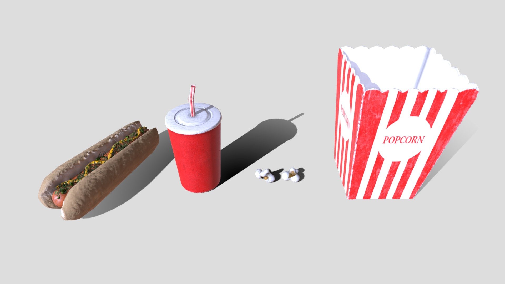 These are just a few fun little props you might find scattered around an occupied (or recently occupied) movie theater. 

We've got a soda, a few versions of popcorn, and a popcorn box. You can of course use the two popcorns and populate a layer in the box to simulate popcorn box with popcorn in it!

Hope you enjoy this free asset. Use as you like 3d model