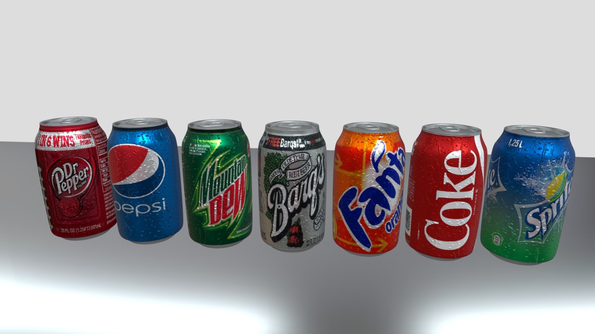 Full soda pop can pack including Dr. Pepper, Sprite, Coke (Coca-Cola), Pepsi, Fanta, Barq’s, and Mountain Dew (Mtn Dew) - Set of 7 soda pop cans including Coke - 3D model by PercyNightshade 3d model