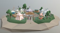 The Medieval stray circus trees, tent, clown, circus, artwork, cart, round, entertainment, acrobat, fortuneteller, tumbler, cartoonstyle, medievalcircus, character, low-poly, cartoon, lowpoly