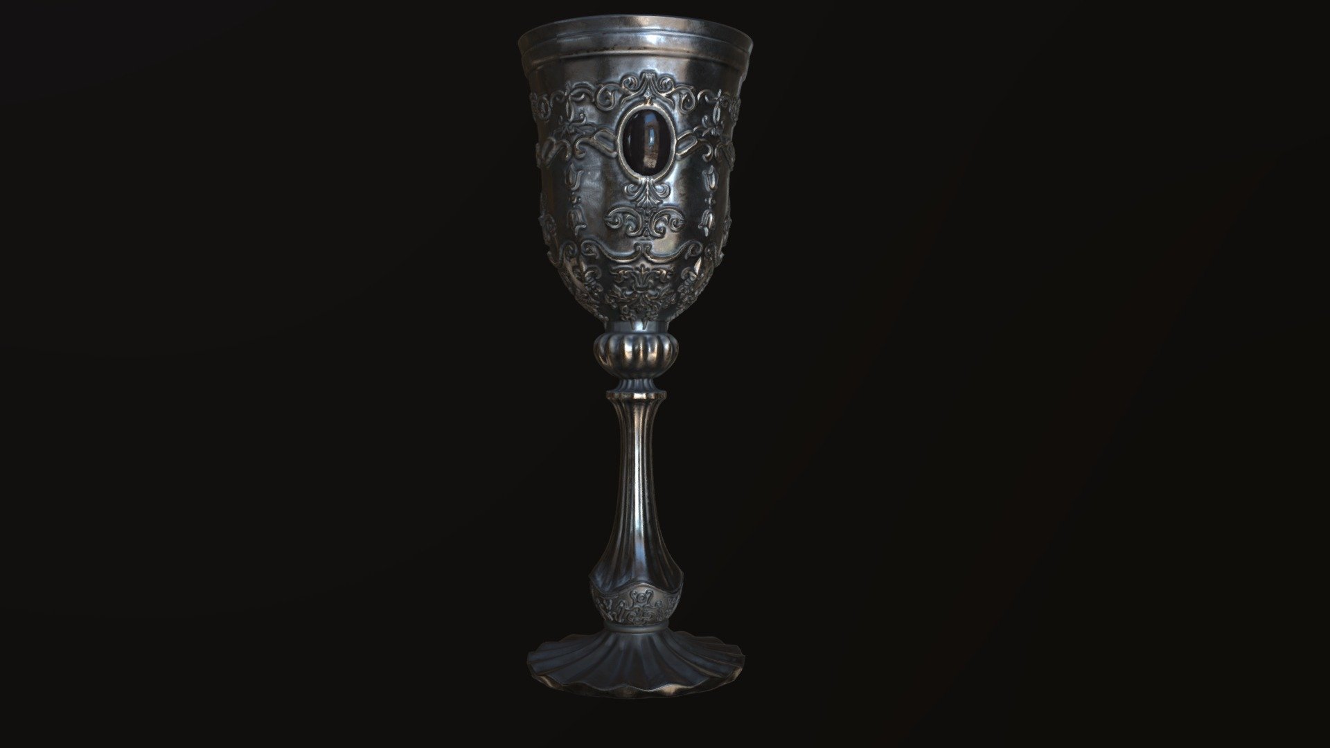 Decorative silver chalice with a black crystal-eye in a middle

Non-overlapping UVs
Textures are separated for chalice and crystal in case of making the custom shader for crystal - Silver Ornamental Chalice - 3D model by trzecia-kawka (@trzeciakawka) 3d model