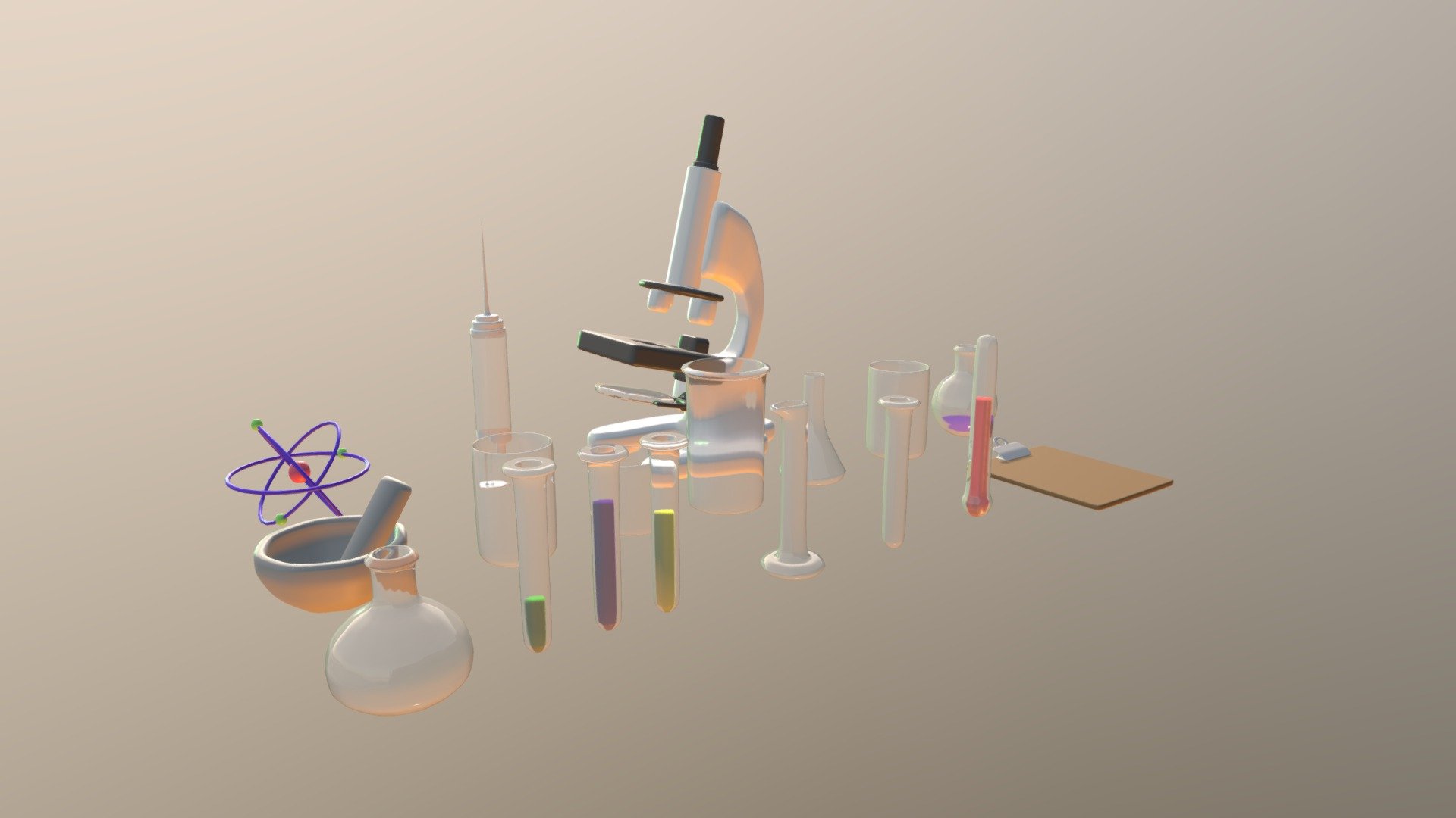 This is a low poly science asset pack, complete with beakers, mortar and pestle, thermometers, graduated cylinders, microscopes, and more.  All materials are procedural.  This pack has a low polygon count, so all pieces are very easy to modify 3d model