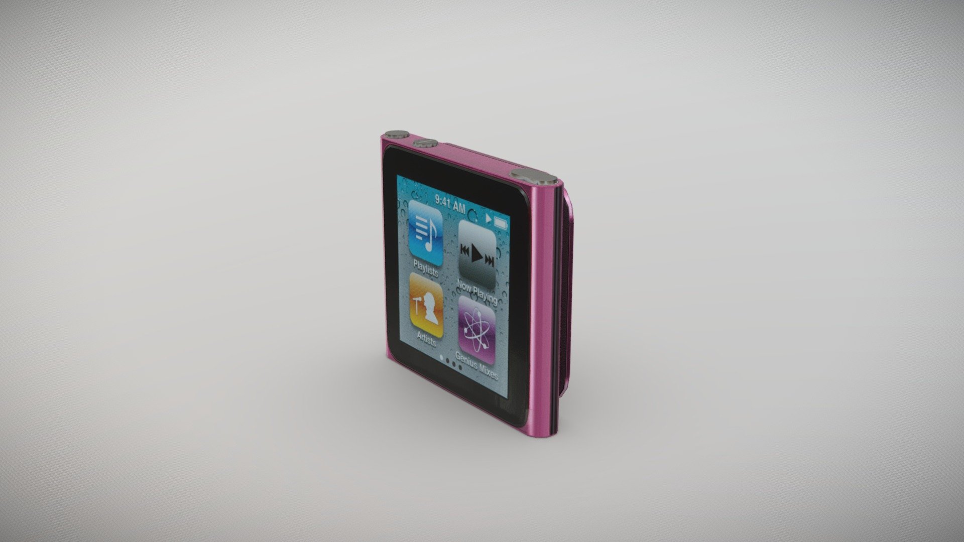 •   Let me present to you simple low-poly 3D model Apple iPod nano 6th Generation. Modeling was made with ortho-photos of real player that is why all details of design are recreated most authentically.

•    This model consists of one mesh, it is low-polygonal and it has only one material.

•   The total of the main textures is 1. Resolution of all textures is 2500 pixels square aspect ratio in .jpg format. 

•   Polygon count of the model is – 967.

•   The model has correct dimensions in real-world scale. All parts grouped and named correctly.

•   To use the model in other 3D programs there are scenes saved in formats .fbx, .obj, .DAE, .max (2010 version).

Note: If you see some artifacts on the textures, it means compression works in the Viewer. We recommend setting HD quality for textures. But anyway, original textures have no artifacts 3d model