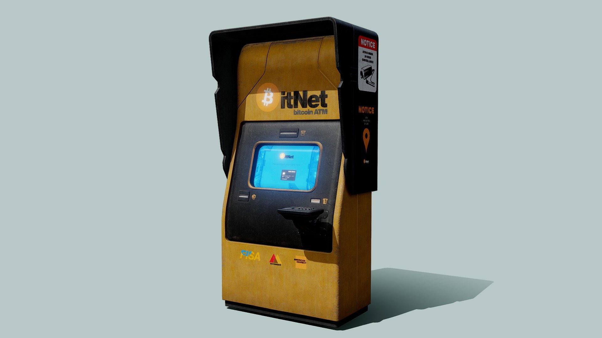 3D ATM low poly model
4K PBR Textures.

8603 Tris 
4118 Polygons

You can also replace the screen texture with an animated version.
Animated Textures:
https://drive.google.com/drive/folders/1qltThfxrhcYfWV4cBHPPmlxHC8N6FEKr?usp=sharing - ATM Slightly Damaged Version - 3D model by vertexmonster 3d model
