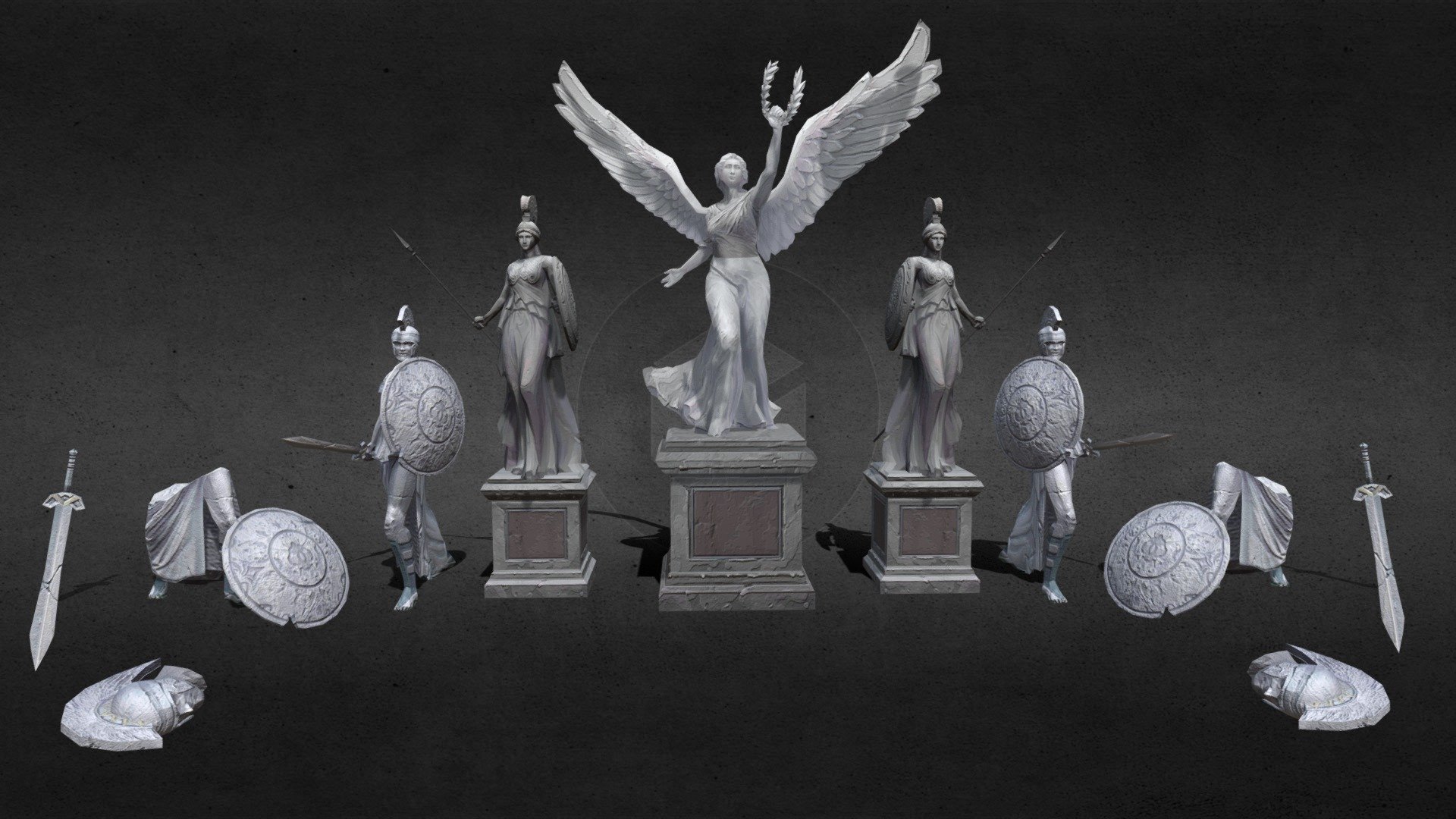 Estatuas griegas low poly de la diosa Nike, la diosa Athenea y gladiadores en formato FBX con texturas 3d model