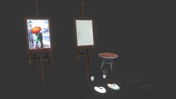 Painting Utensils table, props, props-assets, cartoon, game, wood, stylized