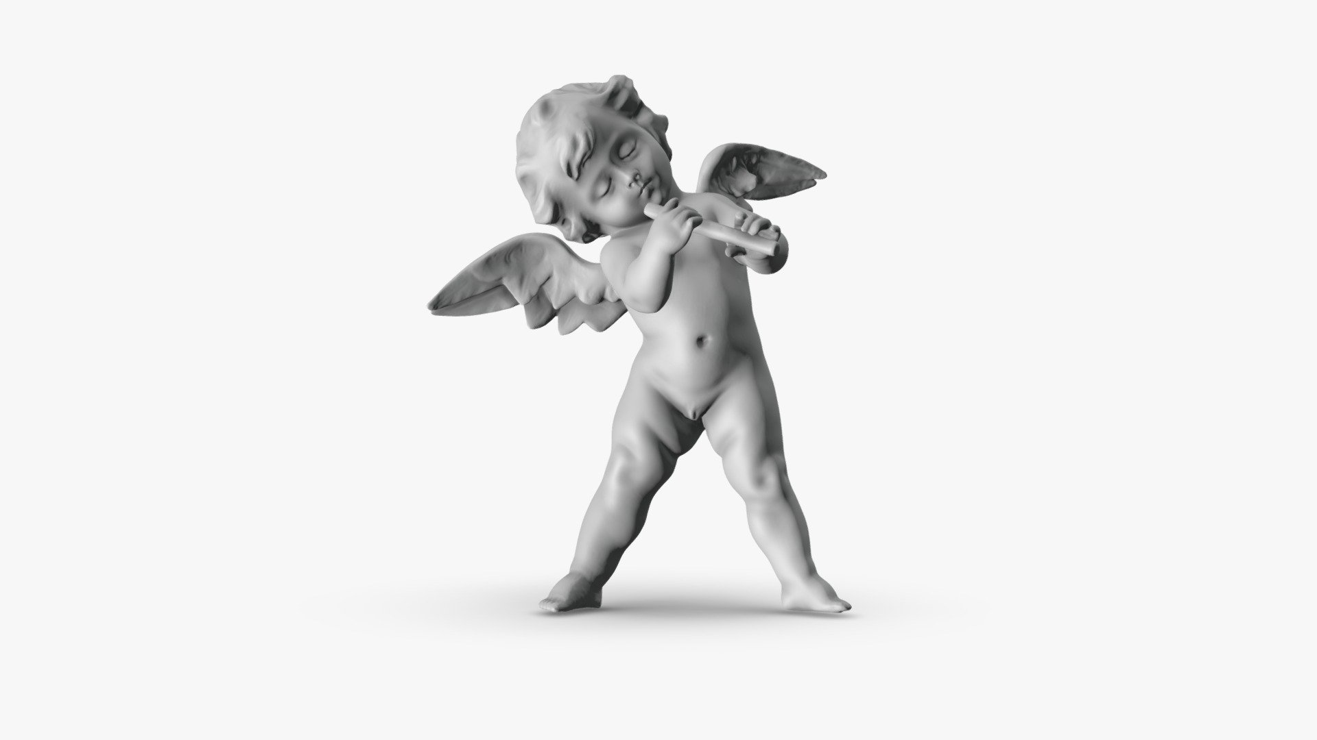 This model depicts an angel who plays the flute and stands in a pose with his legs spread wide apart. The angel is depicted with wings. The angel has soft and flowing facial and body features. The model can be used as a decorative piece for the home or as a gift for music and art lovers 3d model
