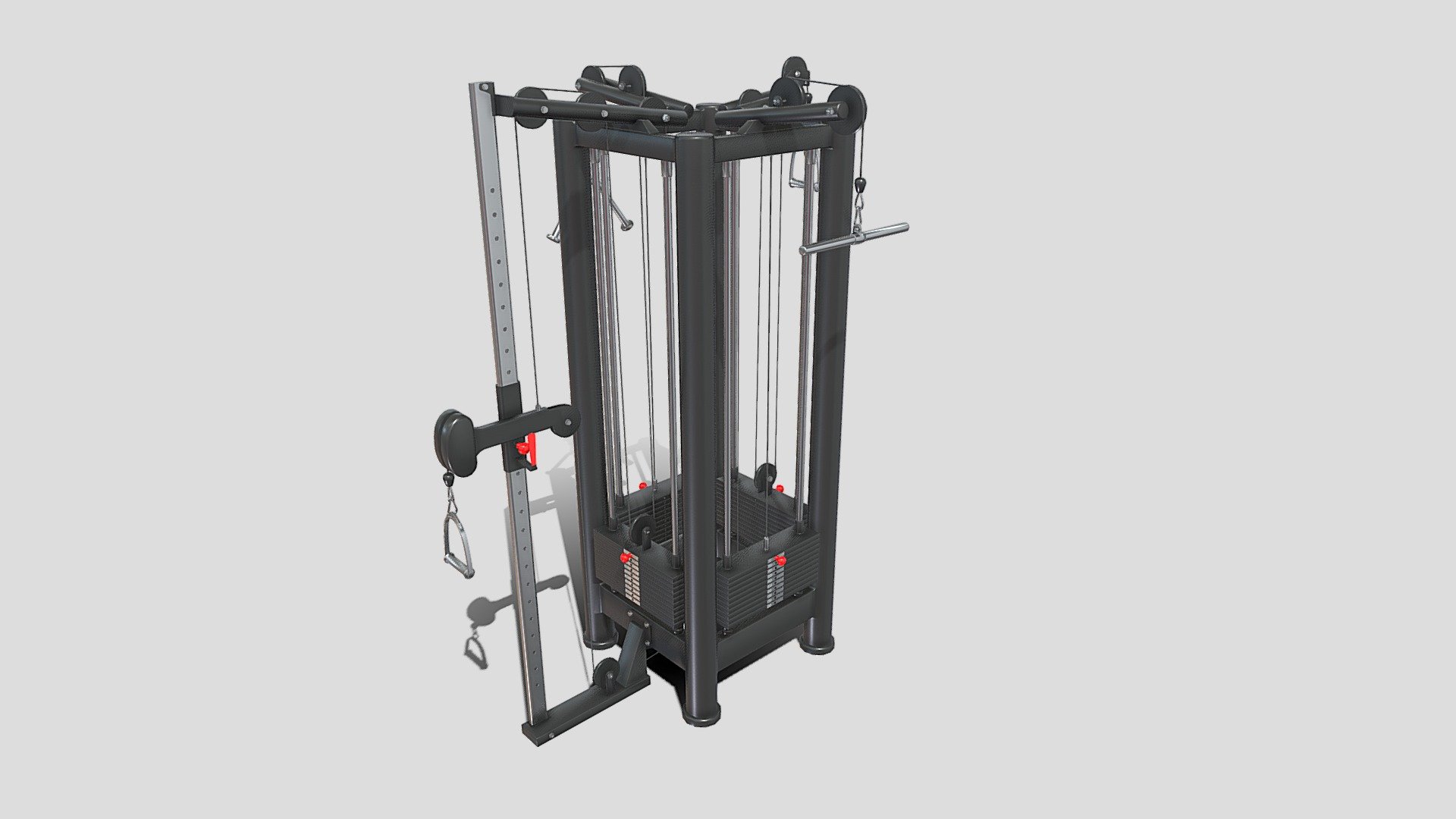 Gym machine 3d model built to real size, rendered with Cycles in Blender, as per seen on attached images. 

File formats:
-.blend, rendered with cycles, as seen in the images;
-.obj, with materials applied;
-.dae, with materials applied;
-.fbx, with materials applied;
-.stl;

Files come named appropriately and split by file format.

3D Software:
The 3D model was originally created in Blender 3.1 and rendered with Cycles.

Materials and textures:
The models have materials applied in all formats, and are ready to import and render.
Materials are image based using PBR, the model comes with four 4k png image textures.

Preview scenes:
The preview images are rendered in Blender using its built-in render engine &lsquo;Cycles'.
Note that the blend files come directly with the rendering scene included and the render command will generate the exact result as seen in previews.

General:
The models are built mostly out of quads.

For any problems please feel free to contact me.

Don't forget to rate and enjoy! - 4 Station Multi Gym - Buy Royalty Free 3D model by dragosburian 3d model