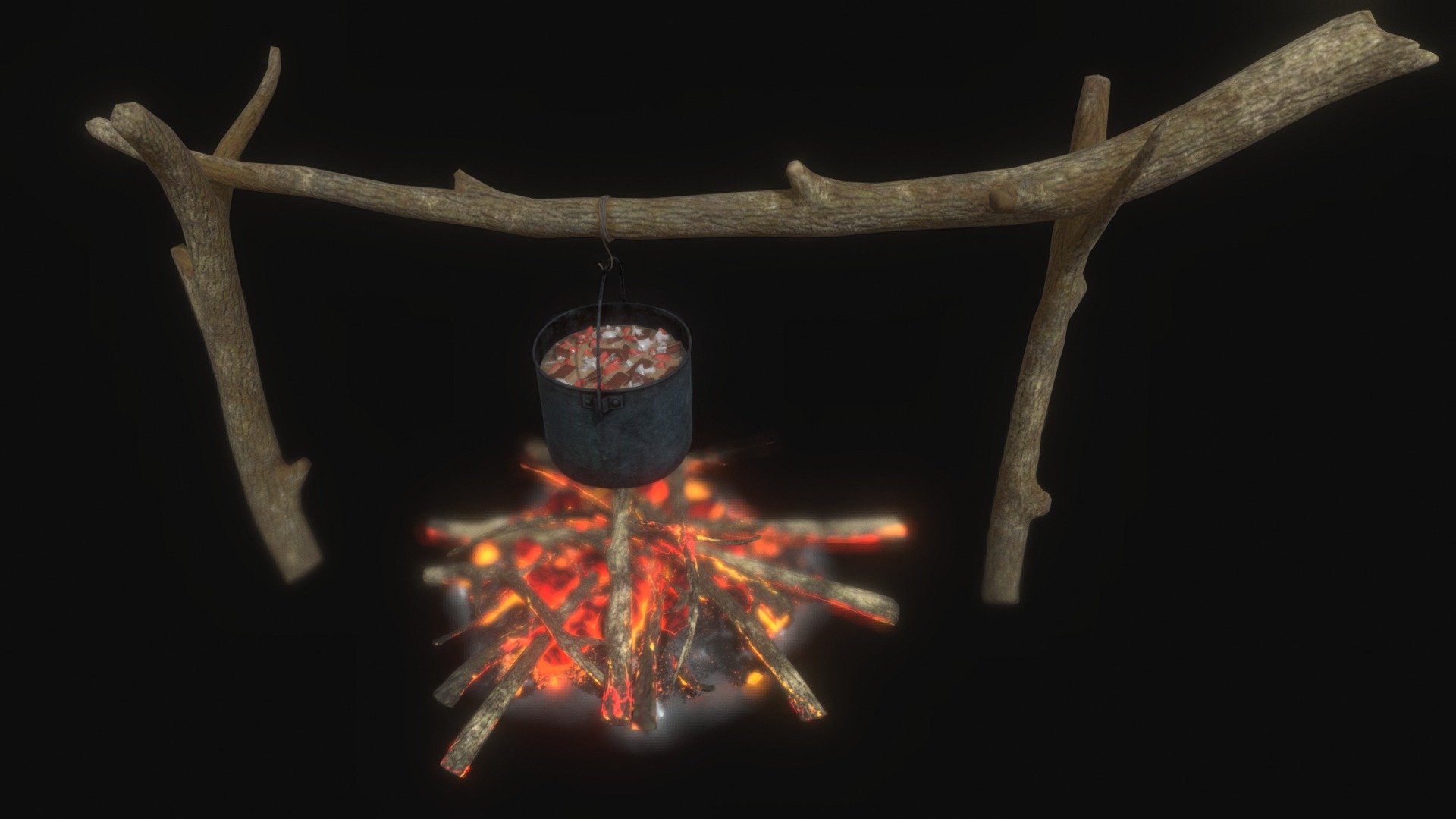 The model of soup cooking on the fire

Low poly model
The model is ready for using in games PBR textured and low poly
it is appropriate to use this asset in forests or camping scenes, cooking mushroom soup

Objects - 6

Vertices - 8 822

Edges - 24 848

Faces - 16 082

Triangles - 17 185

game ready
PBR - (color) (Metalic) (Roghness) (Normal) (Emission) (Alpha) - Soup in camping - 3D model by Gajk.Mv 3d model