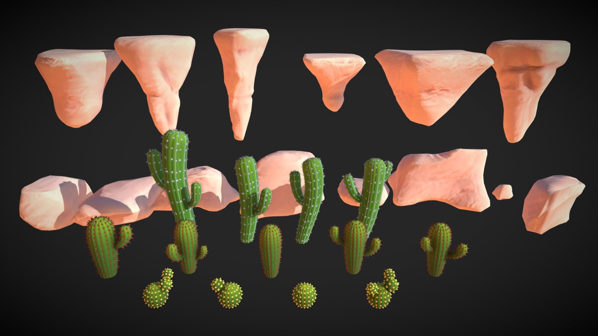 Set if cacti and rocks made for the game “TV-world” which was a college project I was a part of. You can check the game out here: https://hech11.itch.io/tv-world - TV-World: Desert Rocks & Cacti - Download Free 3D model by Parelaxel 3d model