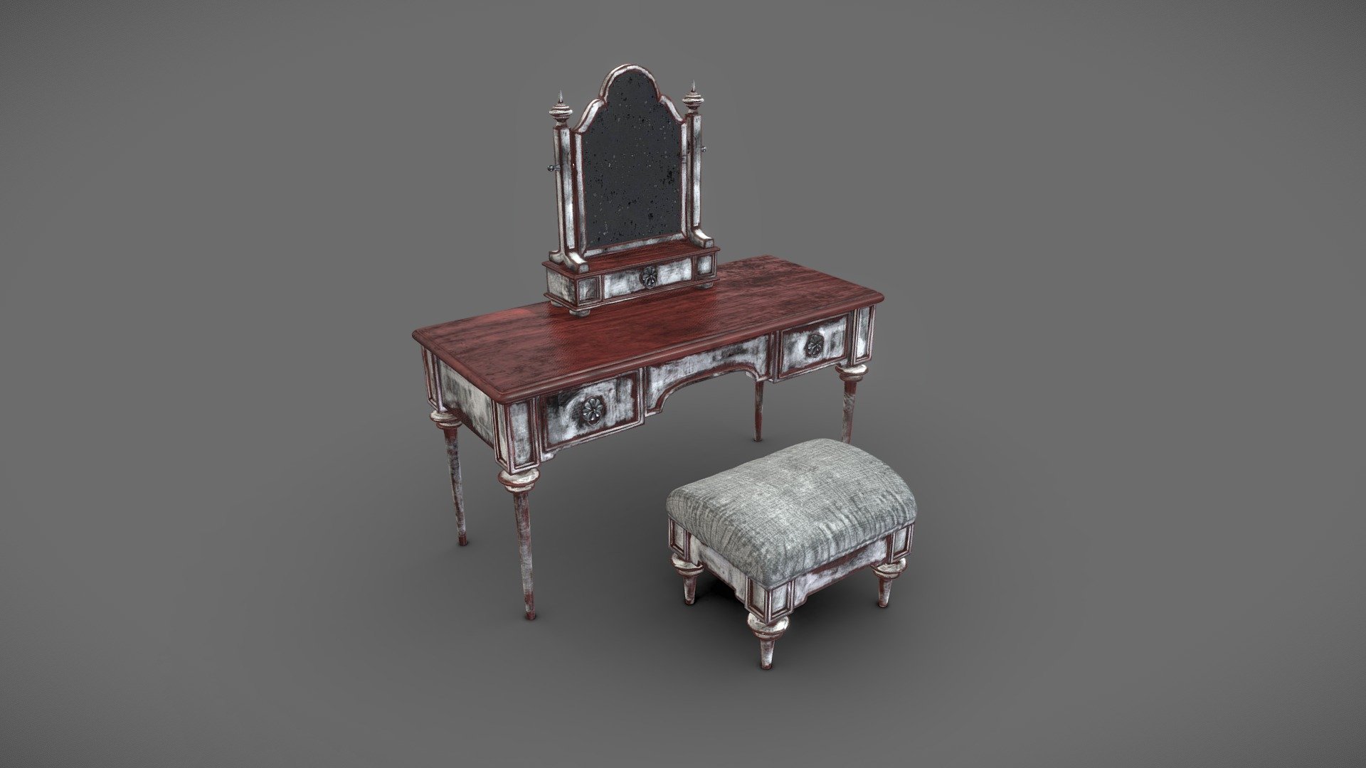 Dressing Table inspired by the Victorian era, It comes together with a matching stool. Model was created in 3DSMAX, details added in Zbrush and 2048x 2048 textures created in Substance Painter. It is scaled to a standard human shaped dummy of about 180cm/5.9 feet. 

This piece is given a bit of a distressed look, different color layers including grey, white, eggshell and black were added to give it a modern spin. It is a static piece, shelves do not open, but there is a stylized mercury mirror to compensate for it. If you are looking for a piece that will accentuate and add character to your in game interiors or interior design presentation this Dresing Table would be a fantastic choice.

I had a lot of fun working on this piece, I would much appreciate some feedback. I hope that it will be of a good use to you 3d model
