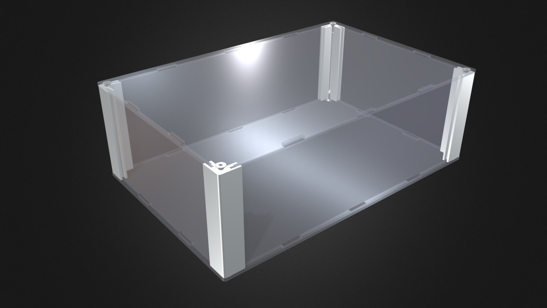 Transparent acrylic case with corner support frames.
Extruded aluminium corner frames enables the structure to be rigid when screwed.
Perfect to be used as a display case to showcase a product’s internal components at trade shows or demonstration events, or as a touch screen monitor box.

Can be manufactured in a wide range of dimensions.
Adjustable sizes available in 1mm intervals, with W and D dimensions from 50 ~ 500mm, and H dimensions from 30 ~ 500mm.

Rubber feet can be provided if required in S (Φ11.2mm) or L (Φ15.7mm)

TAKACHI Web site : https://www.takachi-enclosure.com/products/SKSF - ACRYLIC CASE - SKSF200-100-300 - 3D model by takachitec5 3d model