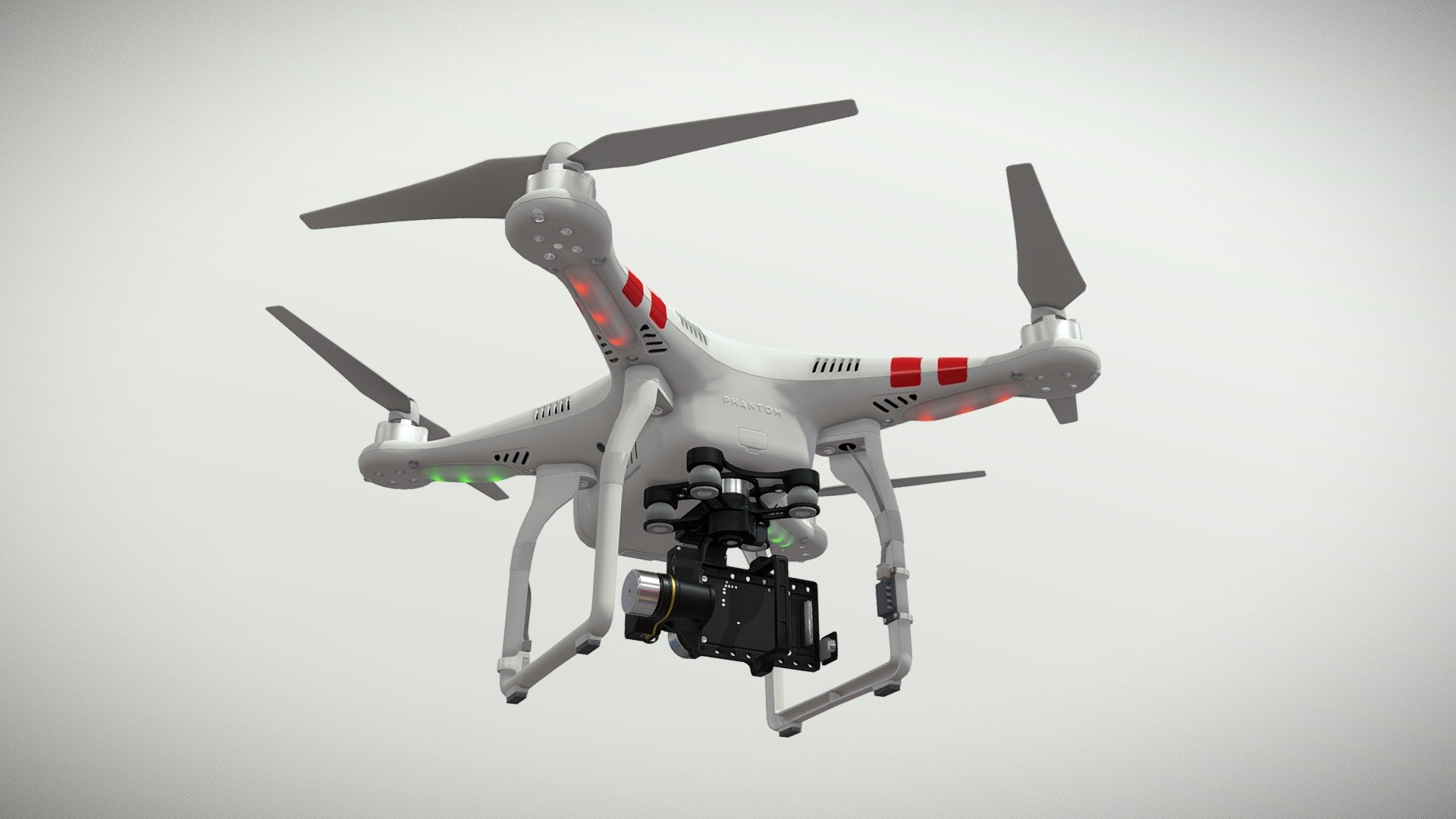 •   Let me present to you high-quality low-poly 3D model DJI Phantom 2 Quadcopter with Zenmuse H4-3D gimbal for GoPro Hero4 or 3. Modeling was made with ortho-photos of real quadcopter and gimbal that is why all details of design are recreated most authentically.

•    This model consists of a few meshes, it is low-polygonal and it has four materials. One material for quadcopter and one for gimbal.

•   The total of the main textures is 9. Resolution of all textures is from 2048 to 4096 pixels square aspect ratio in .png format. Also there is original texture file .PSD format in separate archive.

•   Polygon count of the model is – 20860.

•   The model has correct dimensions in real-world scale. All parts named correctly.

•   To use the model in other 3D programs there are scenes in formats .fbx, .obj, .DAE, .max (2010 version).

Note: If you see some artifacts on the textures, it means compression works in the Viewer. We recommend setting HD quality for textures. But anyway, original textures have no artifacts 3d model