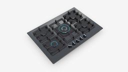 Gas Hob 5 Burners Glass Black device, gas, plate, flat, dual, top, flame, hot, burner, appliance, five, kitchen, cooking, embedded, hob, hotplate, cooktop, glass, 3d, pbr