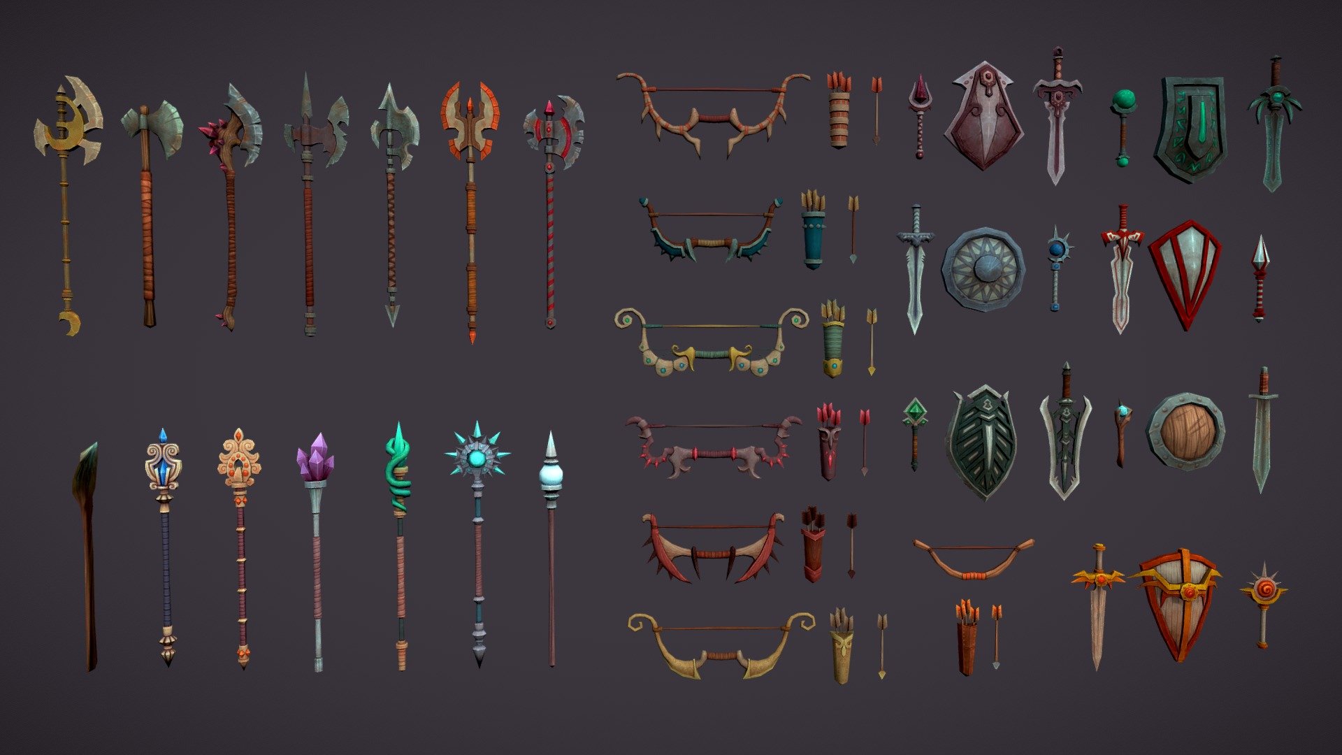 Lowpoly handpainted fantasy weapon set - bow, axe, sword, shield and staff.




42 unique models: 7 in each category: bow, axe, sword, shield, twohanded staff, magic stick

14000 polys in preview scene (100-800 polys in model)

42 unique texture: diffuse map 1024px in .png format

all models separated in different .fbx files

shoot animation for bows 

you can buy smallest set of weapon from this bundle separately in my portfolio 

If you have any troubles be free to write me - Fantasy weapons set - 3D model by cattleya 3d model