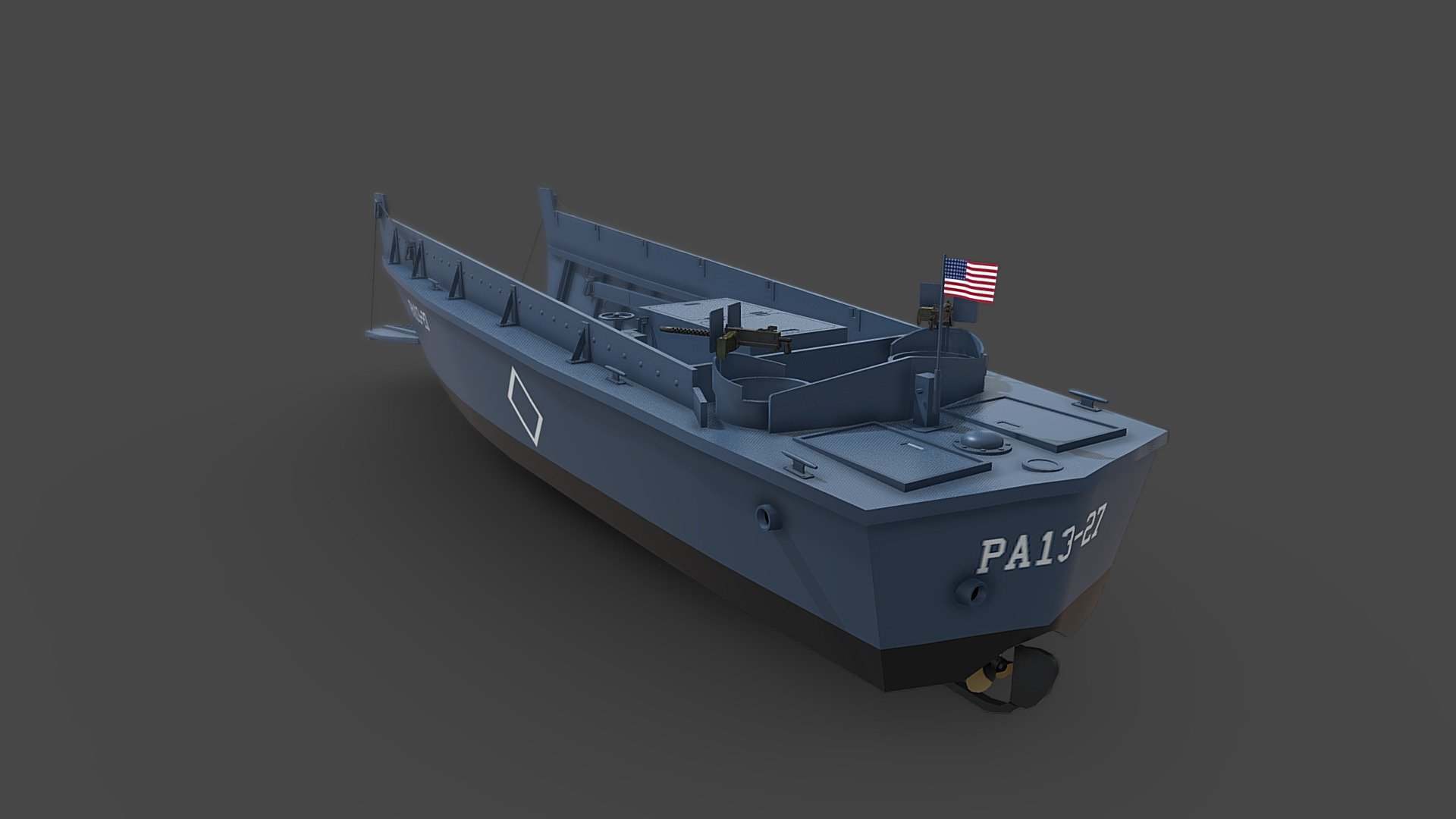 The landing craft, vehicle, personnel (LCVP) or Higgins boat was a landing craft used extensively by the Allied forces in amphibious landings in World War II. Typically constructed from plywood, this shallow-draft, barge-like boat could ferry a roughly platoon-sized complement of 36 men to shore at 9 knots (17 km/h). Men generally entered the boat by climbing down a cargo net hung from the side of their troop transport; they exited by charging down the boat’s lowered bow ramp 3d model