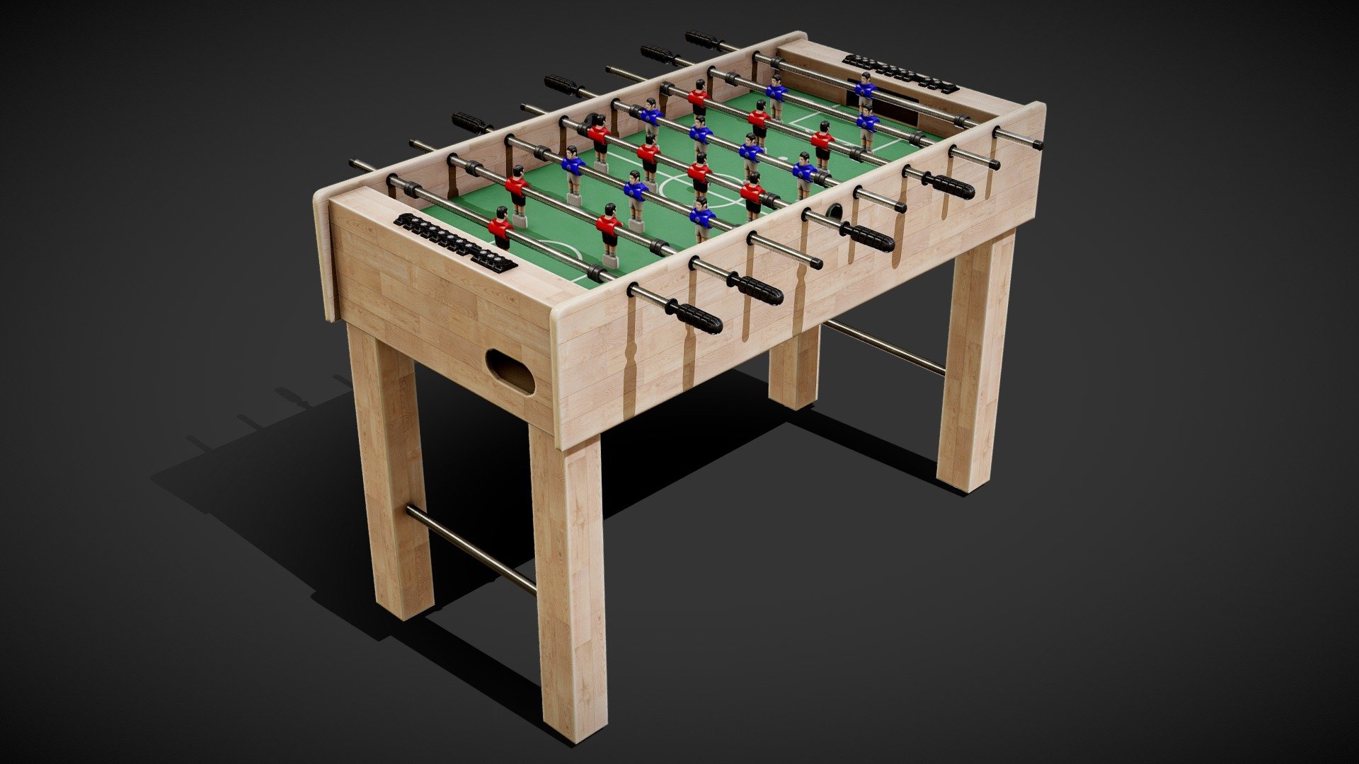 This game ready foosball table would be a great addition to your interactive indoor sports game. The striker bars are separated correctly to allow for itneractive elements.

✓ 4k

✓ LODs

✓ Unity &amp; Unreal Compatibility

LOD0 = 50,124 tris | LOD1 = 36,762 tris | LOD2 = 18,328 tris | LOD3 = 1,512

The model shown here is LOD0, be sure to download the ‘Additional File’ as it contains the FBX with all LODs. In that file, you can find additional textures and unity packages. If you require a format that isn’t provided, please reach out to us 3d model