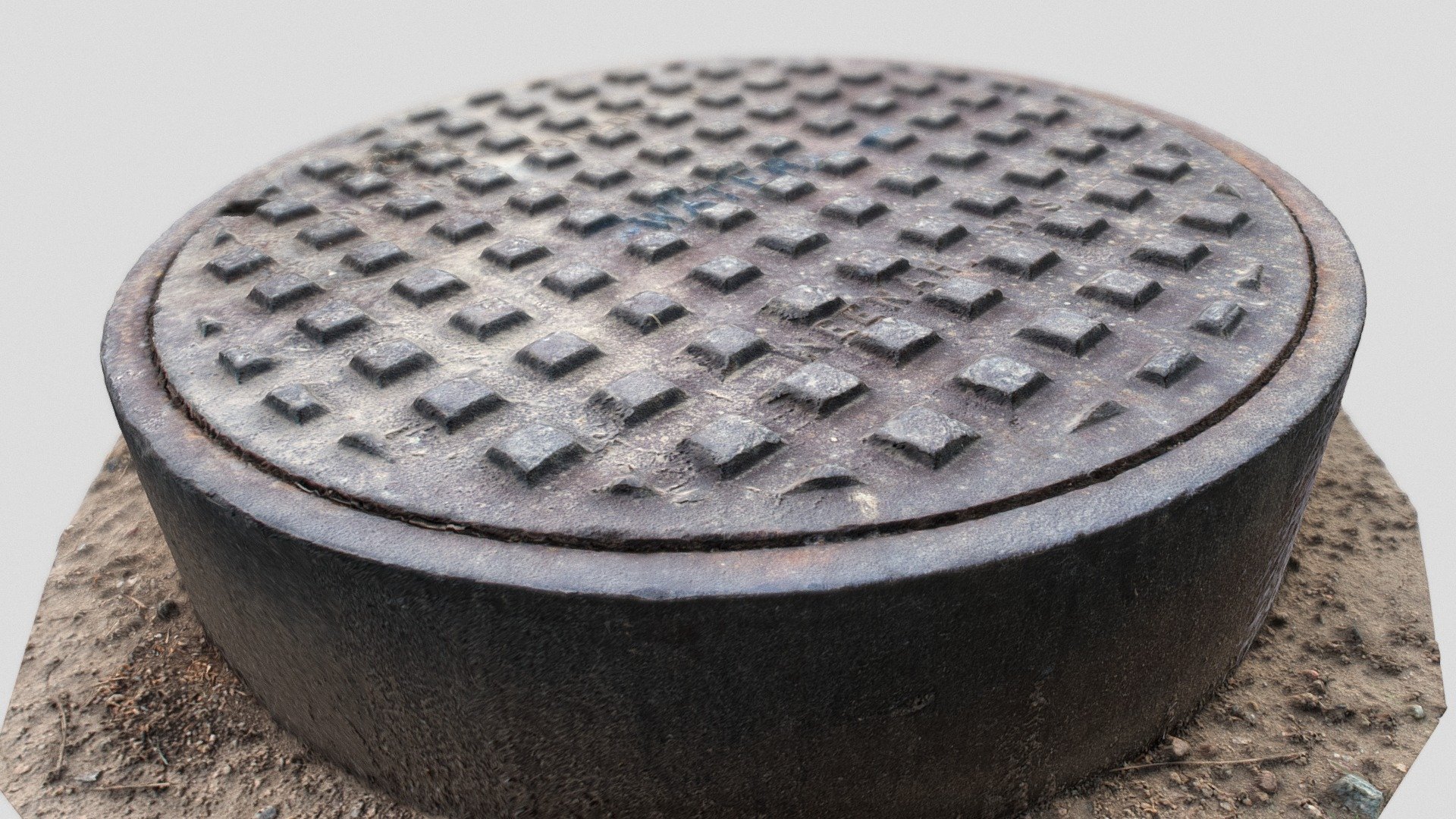 A dusty, weathered, and slightly rusted sewer manhole list. All sides except the bottom are modeled and textured. Model was produced as part of a high resolution photogrammetry session.

This is a highly detailed model ready to be placed in a highly detailed scene or set. This current model has not been optimized, and is pulished to have the max resolution size that will fit in an upload for SketchFab. Additional optimized variations will be provided soon after getting approval from Sketchfab.

Message me if you would like to commission any works 3d model