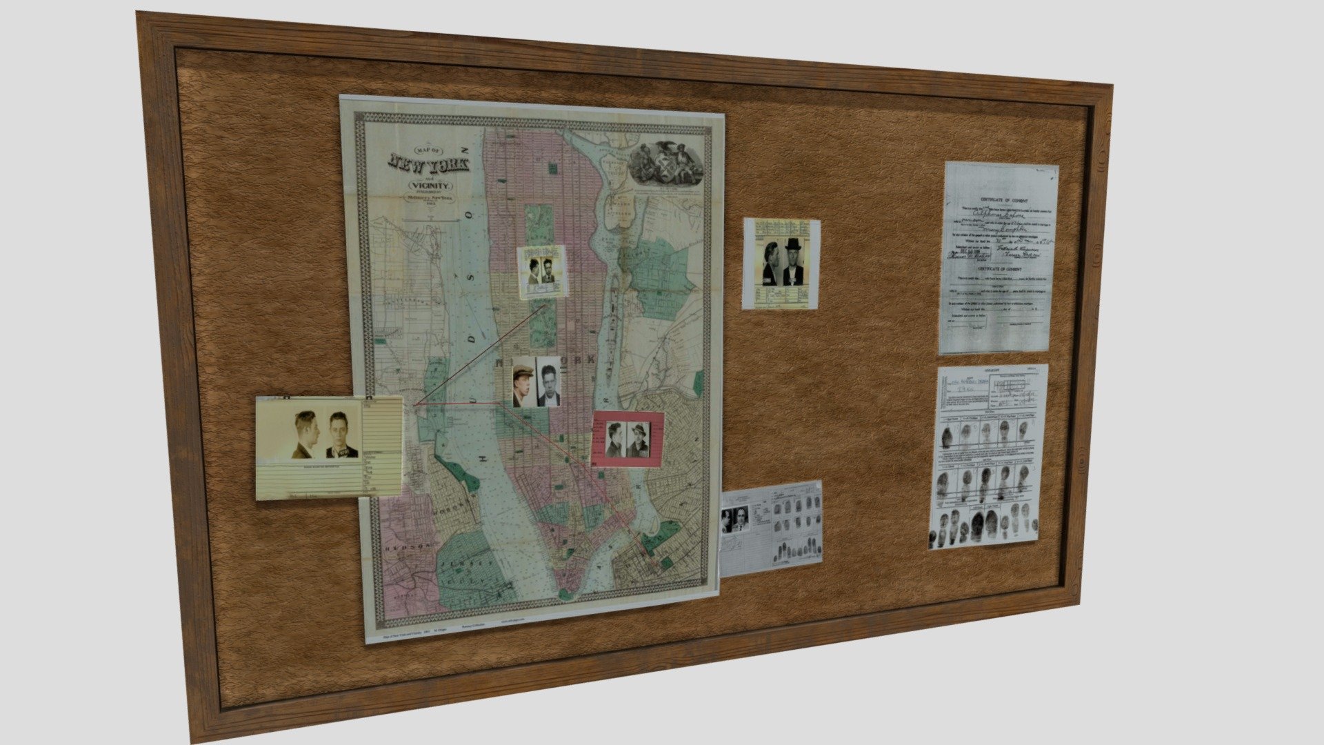 This is an investigation board found in a police station, Detective office, or P.I.'s office. This particular board centers around a string of activity encompassing New York City. 

PBR Mats. One UV channel 3d model