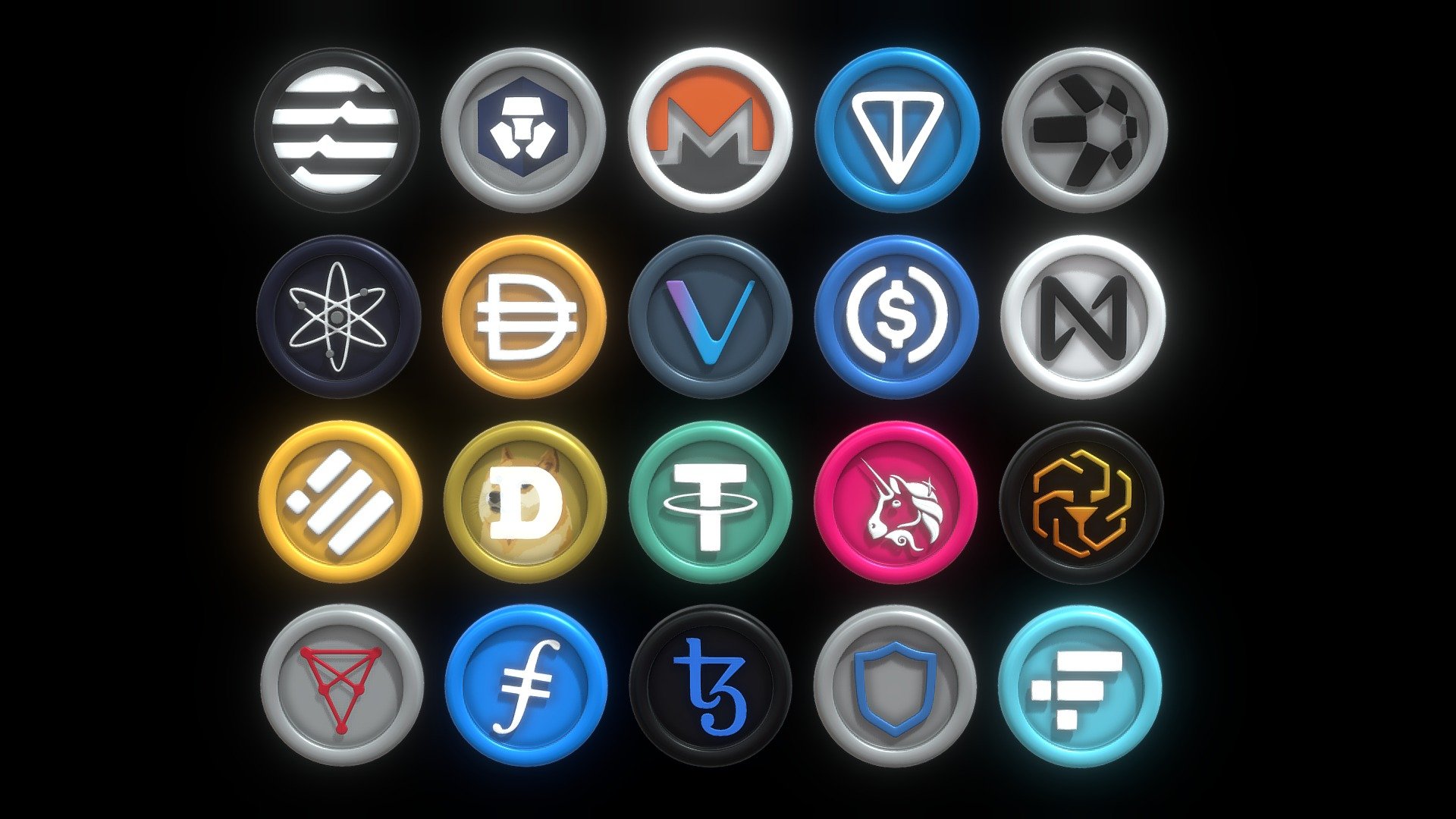 3D 20 Cryptocurrency coin pack with cartoon style Part 2 Made in Blender 3.3.1

Coin List :




USDT

USDC

APT

FTT

UNI

BUSD

ATOM

LEO

CRO

DAI

XMR

NEAR

TON

QNT

VET

FIL

TWT

CHZ

XTZ

DOGE

All of This model does include a TEXTURE, DIFFUSE, METALLIC, AND ROUGHNESS MAP (OPACITY MAP for DOGE), but if you want to change the color you can change it in the blend file (Backup Collection), just use the principled bsdf and play with the Roughness, Metallic, and Base Color parameter.

in the blender file, i just included the lighting setting for rendering just like the preview image 3d model