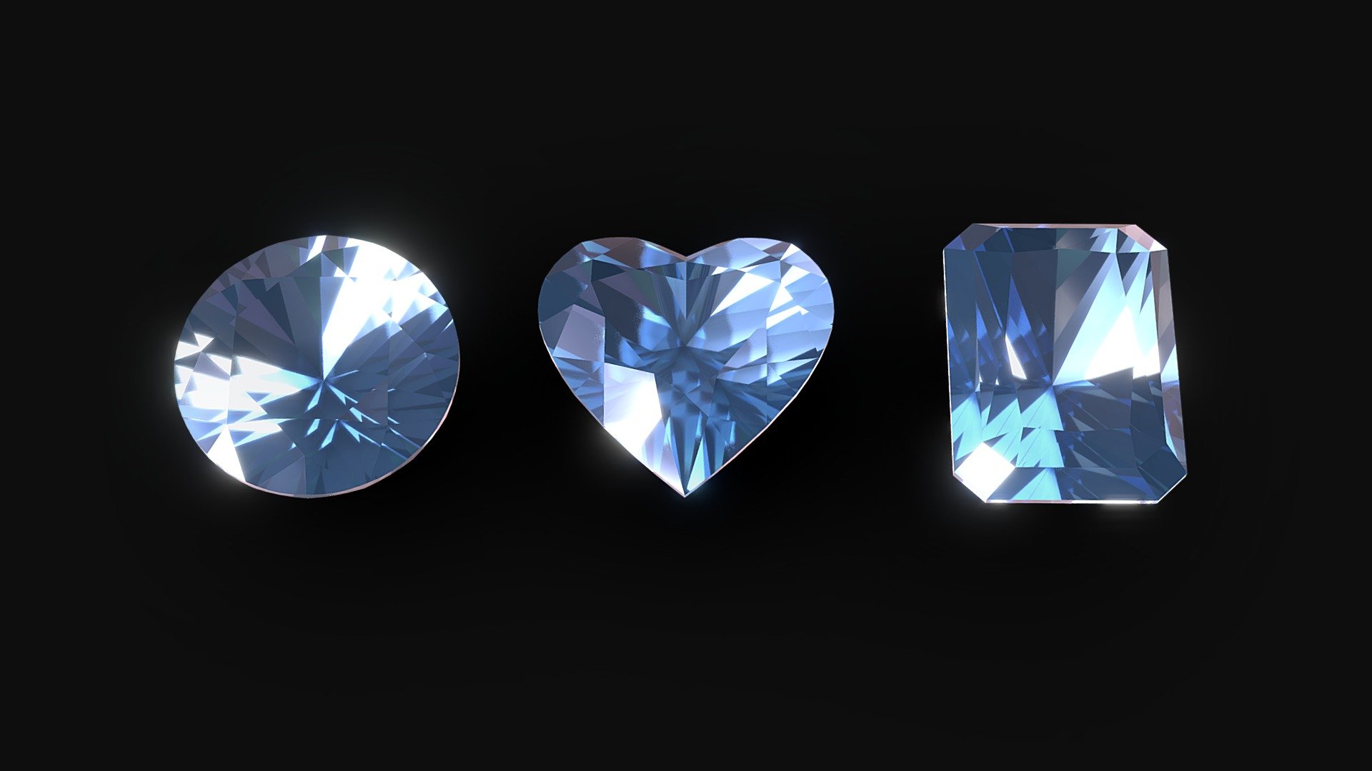 Diamonds:
Round cut
Heart cut
Radiant cut - Gems - Buy Royalty Free 3D model by Eugene Korolev (@eugene.korolev) 3d model