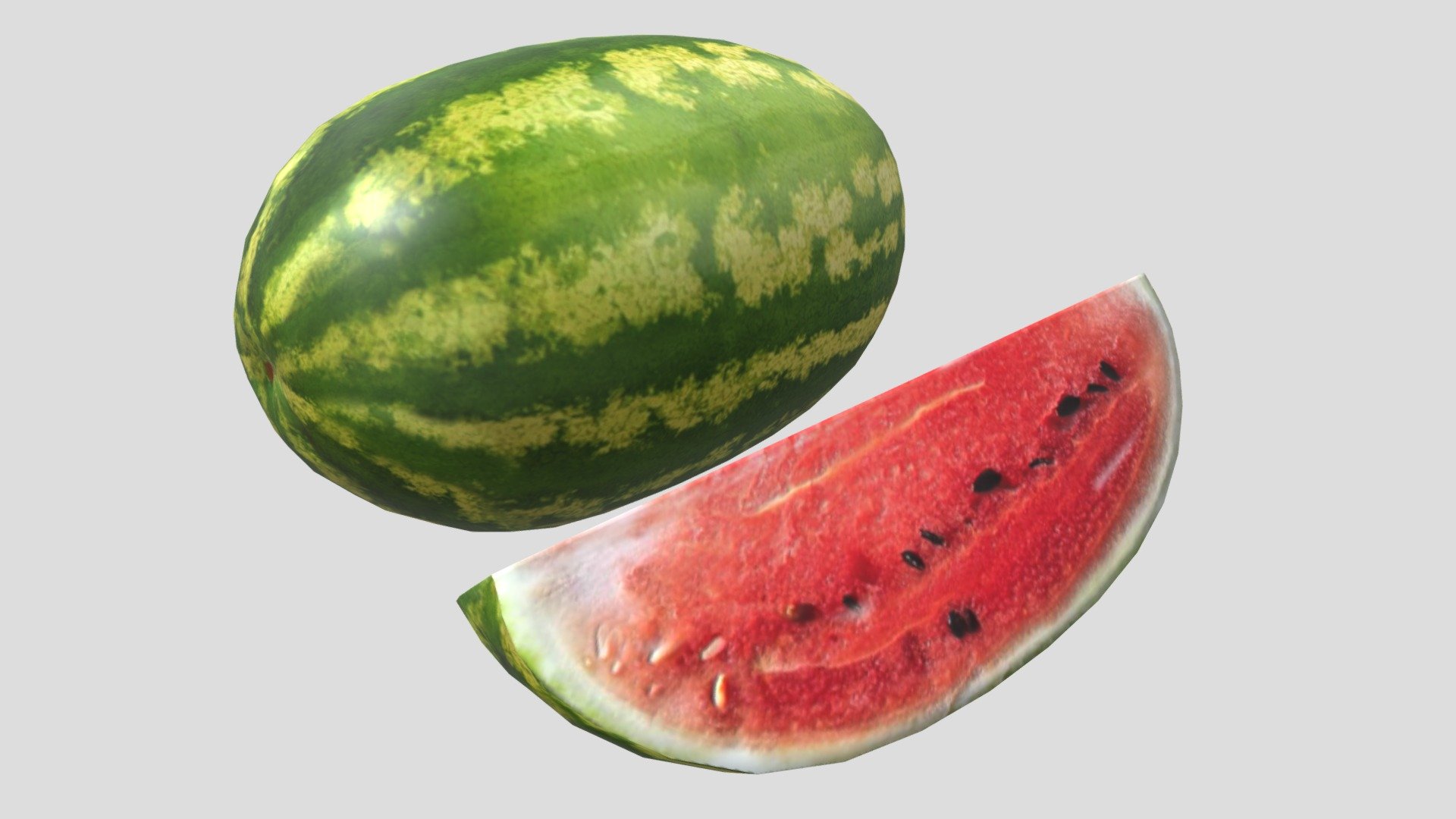 3d model of a Watermelon. Perfect for games, scenes or renders.

Model is correctly divided into main parts. All main parts are presented as separate parts therefore materials of objects are easy to be modified or removed and standard parts are easy to be replaced.

TEXTURES: Models includes high textures with maps: Base Color (.png) Height (.png) Metallic (.png) Normal (.png) Roughness (.png)

FORMATS: .obj .dae .stl .blend .fbx .3ds

GENERAL: Easy editable. Model is fully textured.

Vertices: 976 Polygons: 972

All formats have been tested and work correctly.

Some files may need textures or materials adjusted or added depending on the program they are imported into 3d model