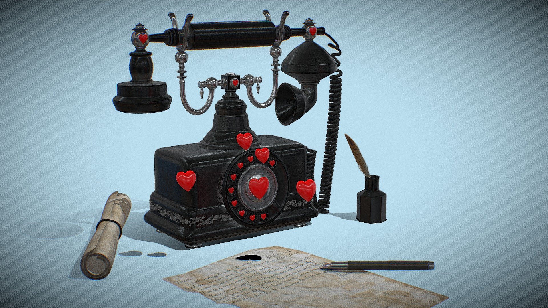 This exquisite creation captures the essence of old-world charm, featuring a beautifully detailed vintage telephone accompanied by a delicate love letter. Perfect for adding a touch of nostalgia to your Valentine's Day scenes or romantic animations 3d model